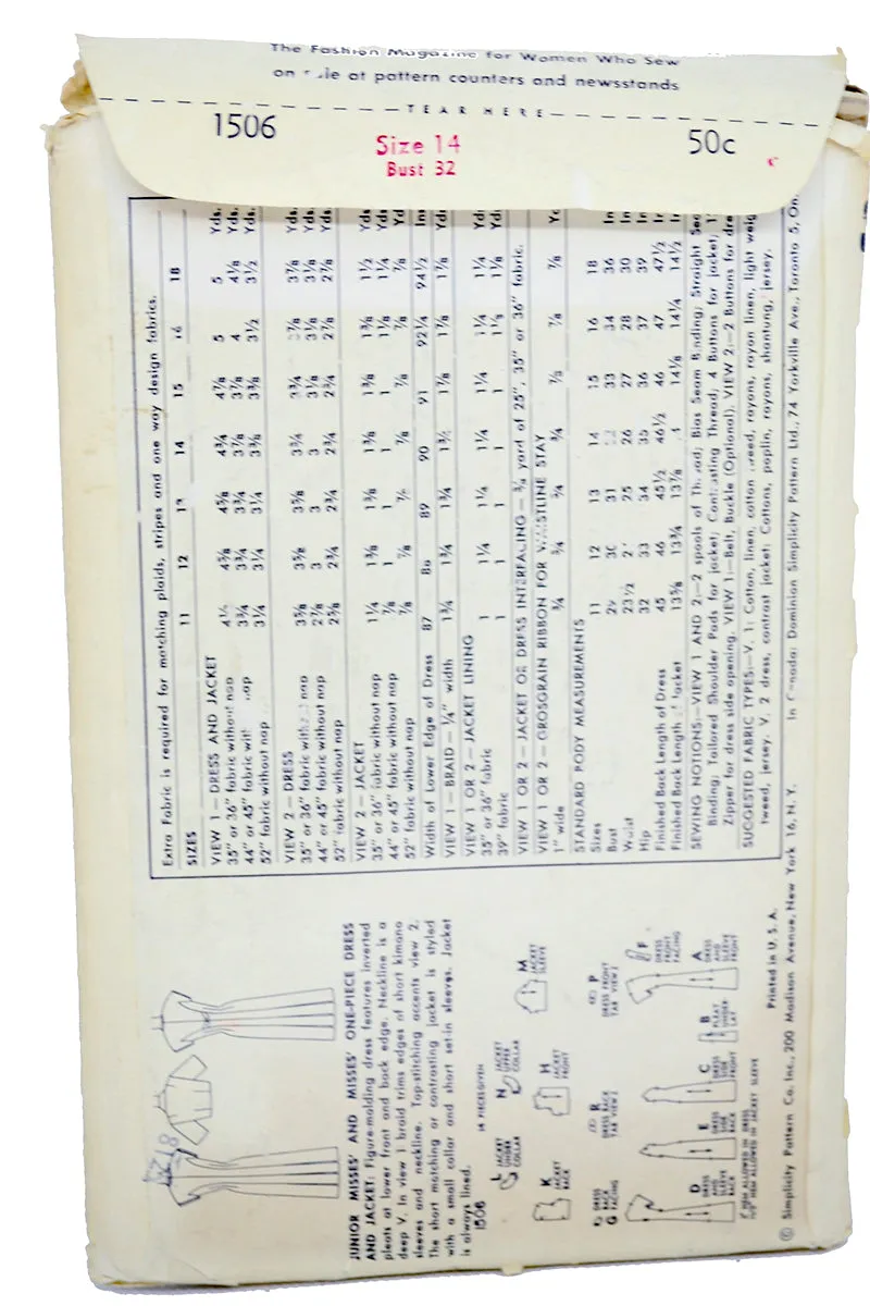 1956 Simplicity 1506 Vintage Sewing Pattern for Dress and Cropped Jacket