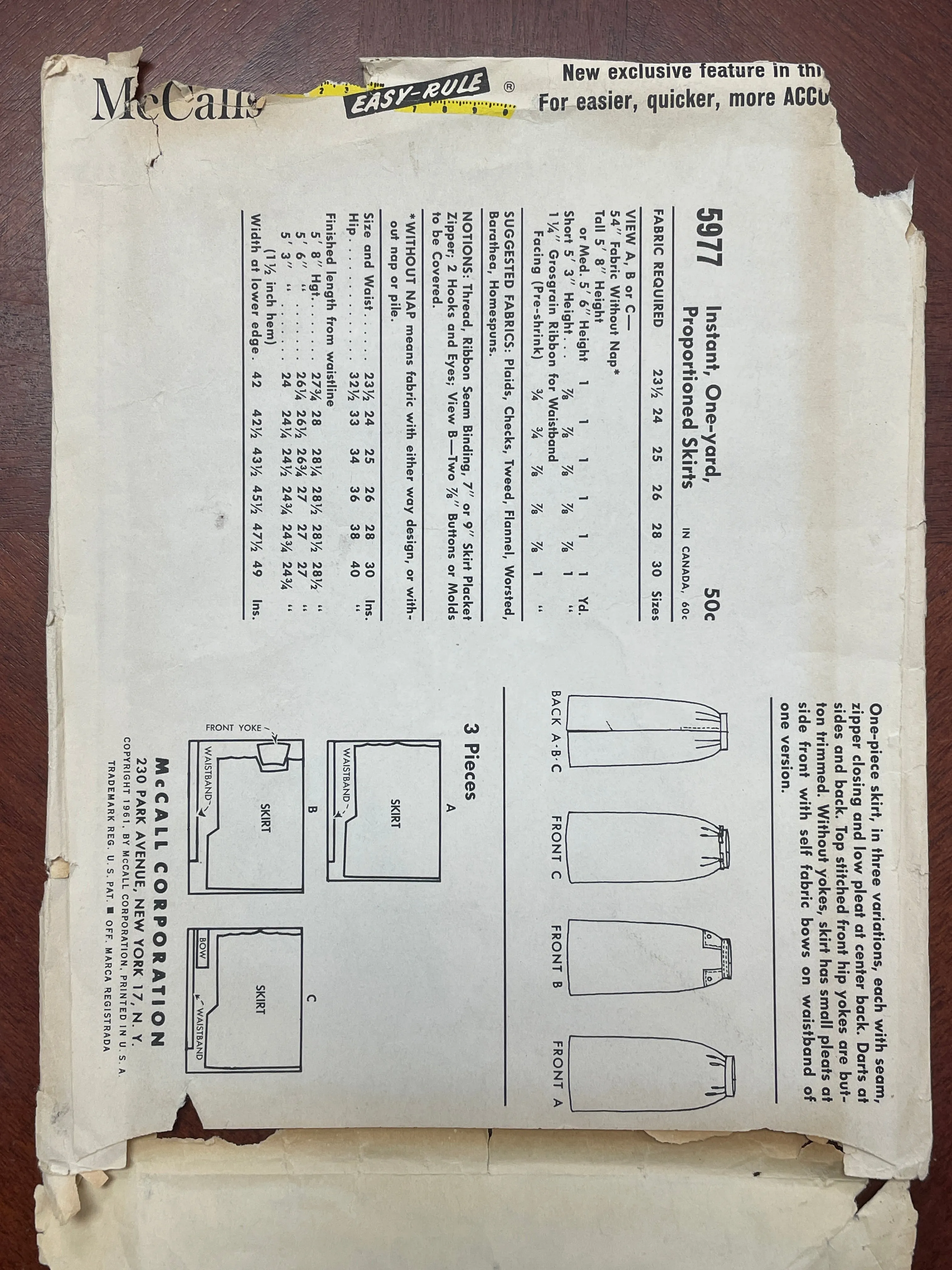 1961 McCall's 5977 Sewing Pattern - Skirts FACTORY FOLDED