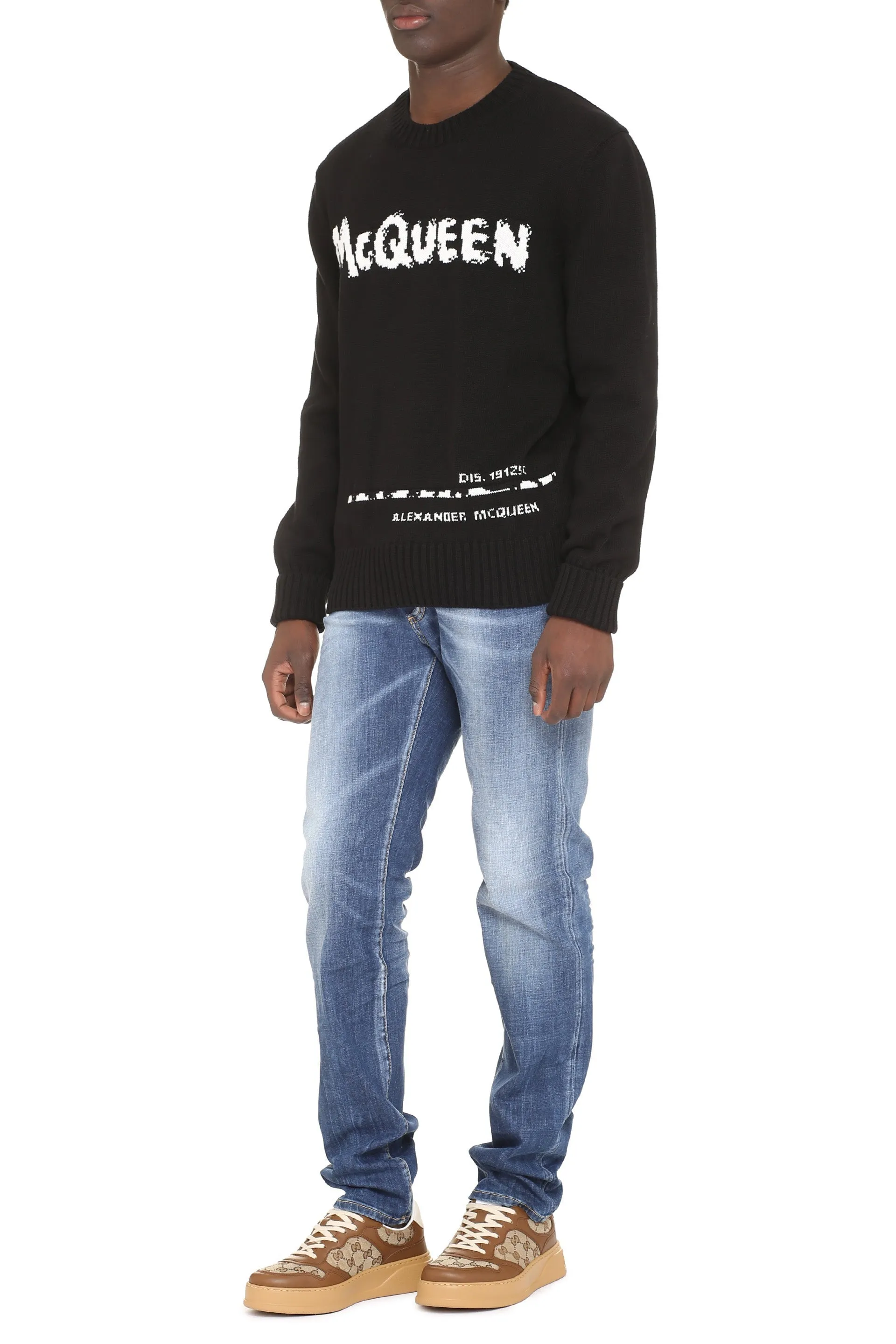 Stylish FW23 Black Alexander McQueen Mens Intarsia Sweater