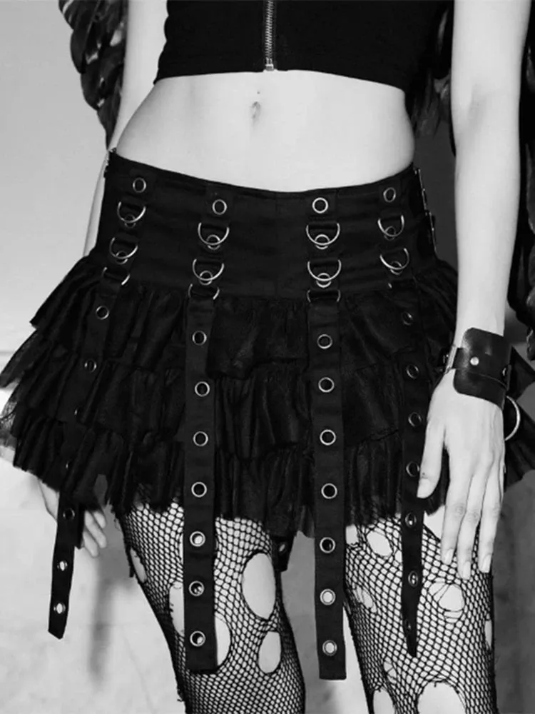 Alt Black Mall Goth Pleated Mini Skirt with Chain