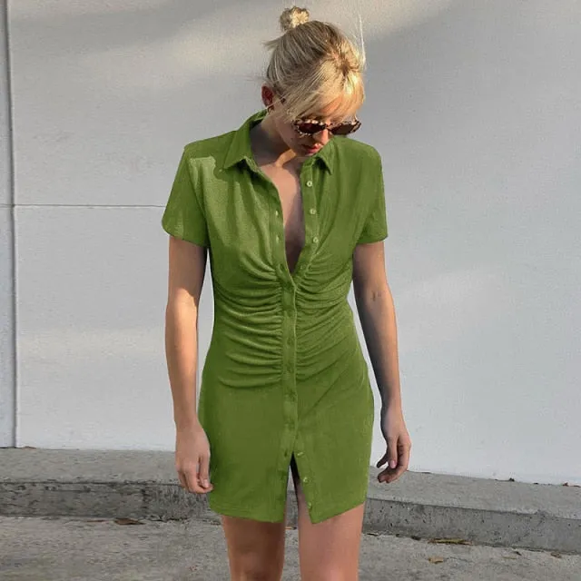 Amy Fashion - Collar Ruched Green Blue Slim Party Dresses