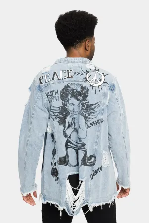 Stylish Angel Print Distressed Denim Jacket for a Trendy Vintage Look