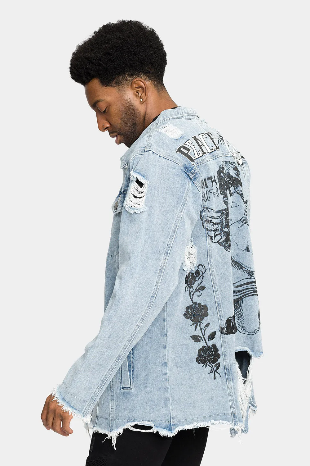 Stylish Angel Print Distressed Denim Jacket for a Trendy Vintage Look