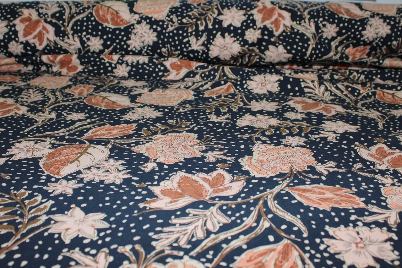 Avenue M0ntaigne Floral Rayon Stretch Twill - Peachy Tones on Midnight Navy