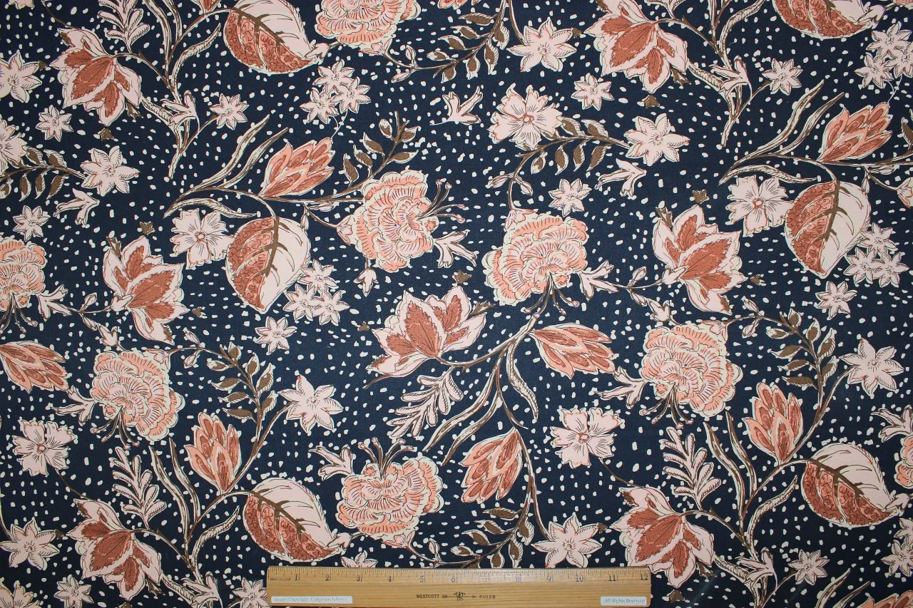 Avenue M0ntaigne Floral Rayon Stretch Twill - Peachy Tones on Midnight Navy