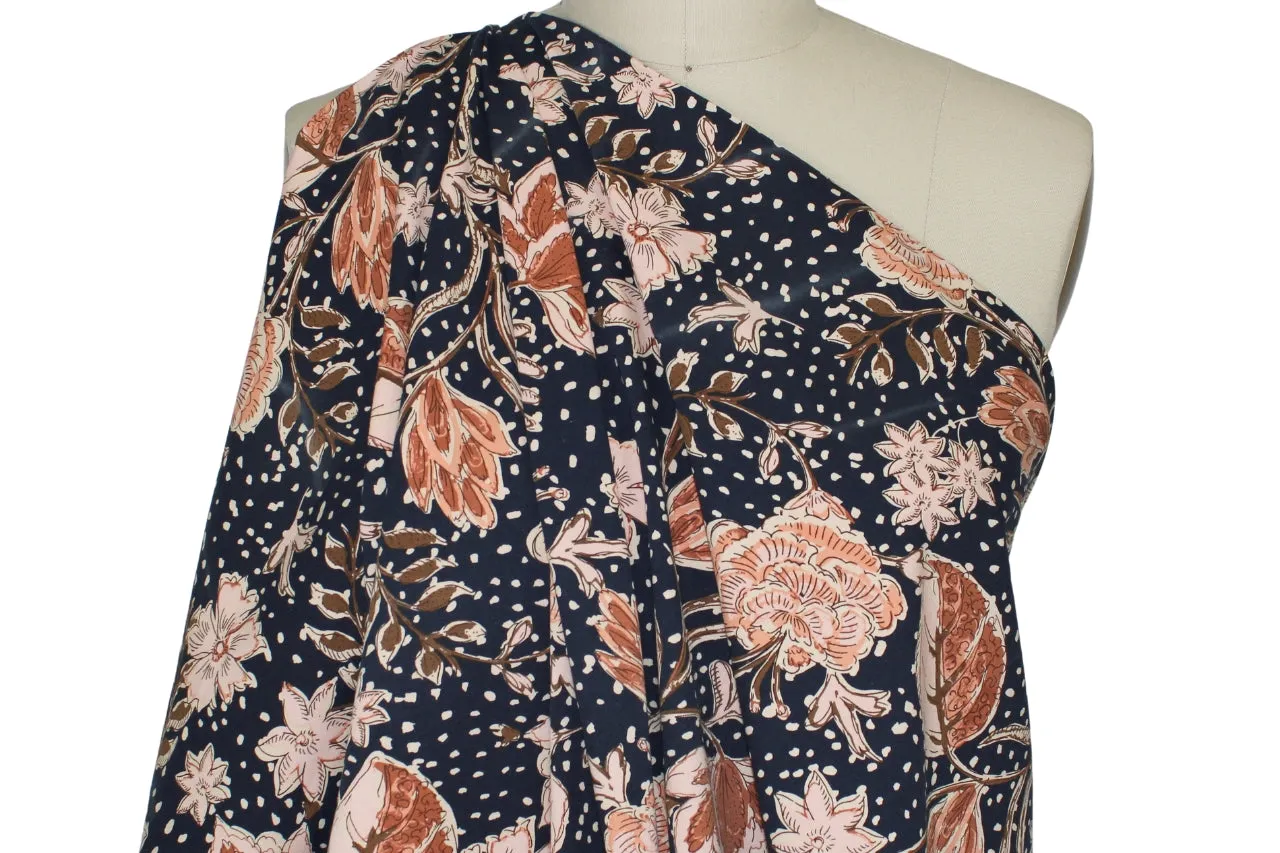 Avenue M0ntaigne Floral Rayon Stretch Twill - Peachy Tones on Midnight Navy