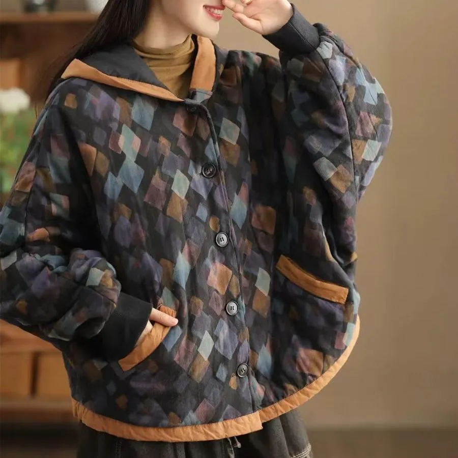 Babakud Women Winter Retro Color Printed Hooded Thick Cotton Jacket