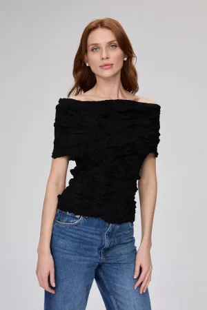 Bardot Collar Glitter Crinkle Model Black Blouse