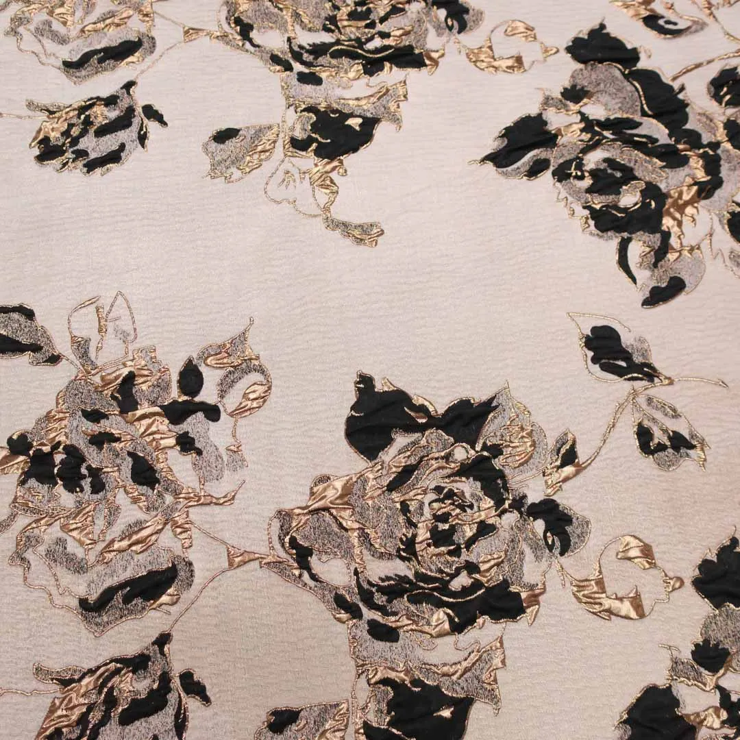 Beige Black and Lurex Gold Floral Textured Brocade Fabric