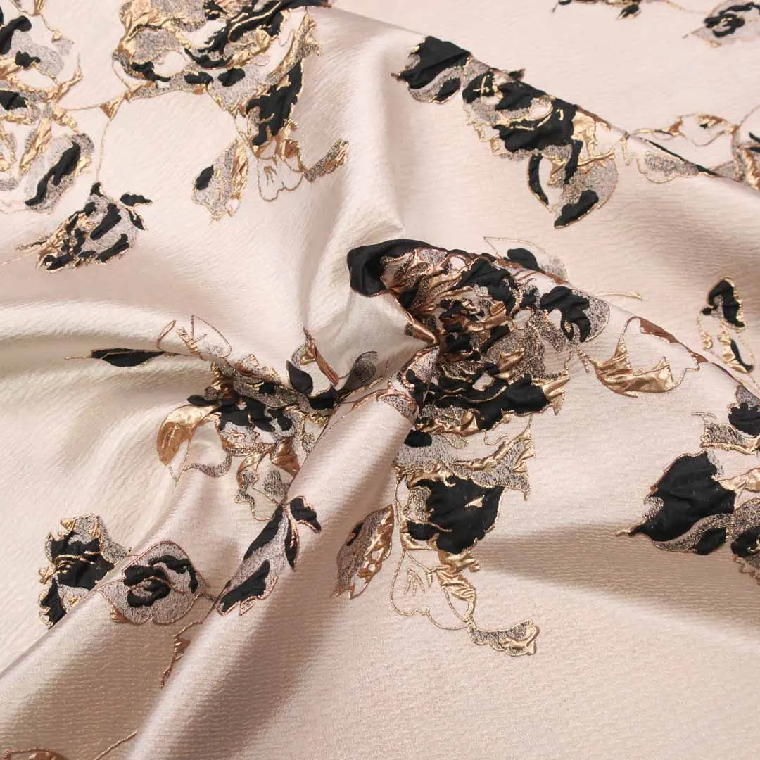 Beige Black and Lurex Gold Floral Textured Brocade Fabric