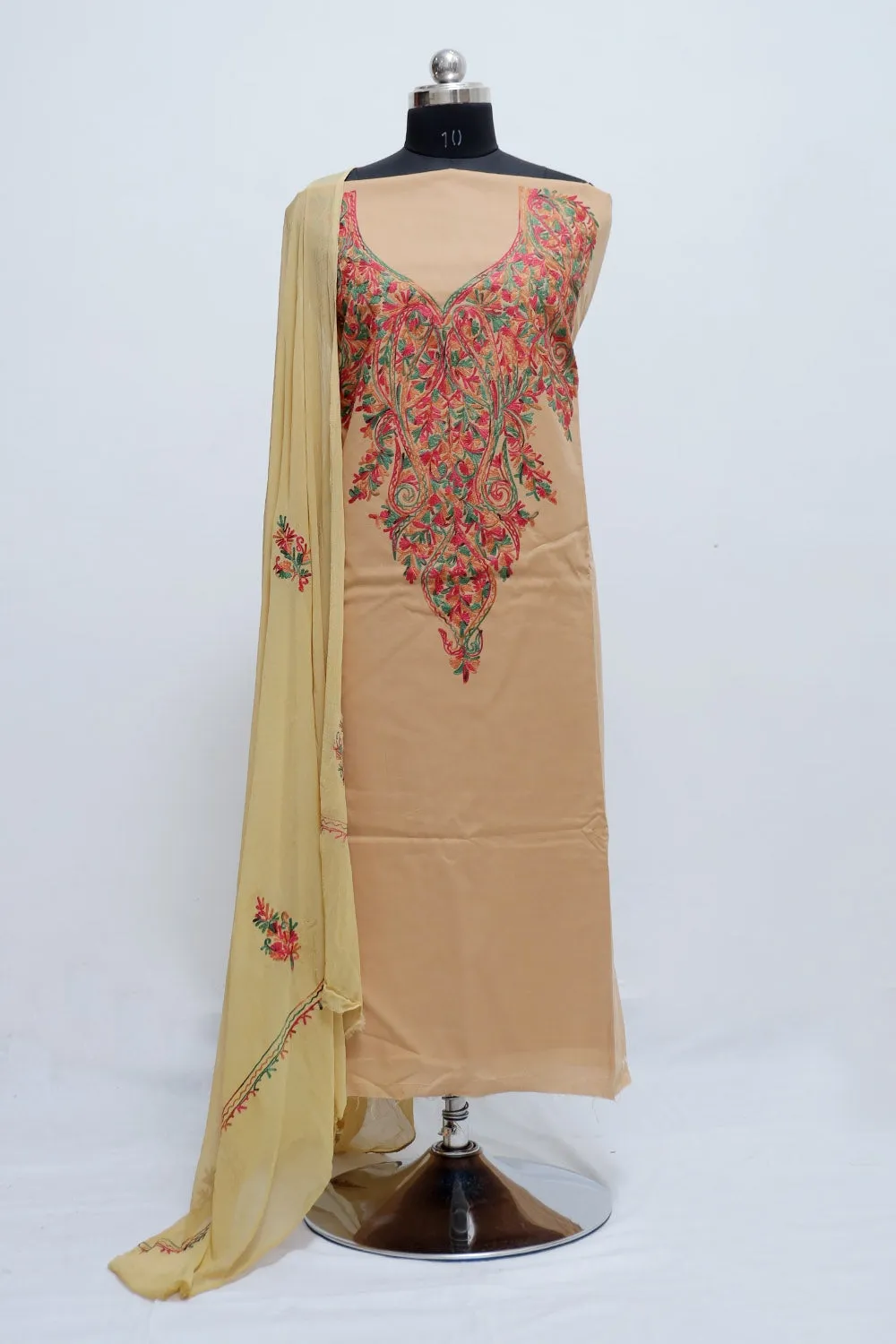 Beige Colour Heavy Neck Embroidery   Designer Aari Work Suit  With  Floral Motif Pattern .