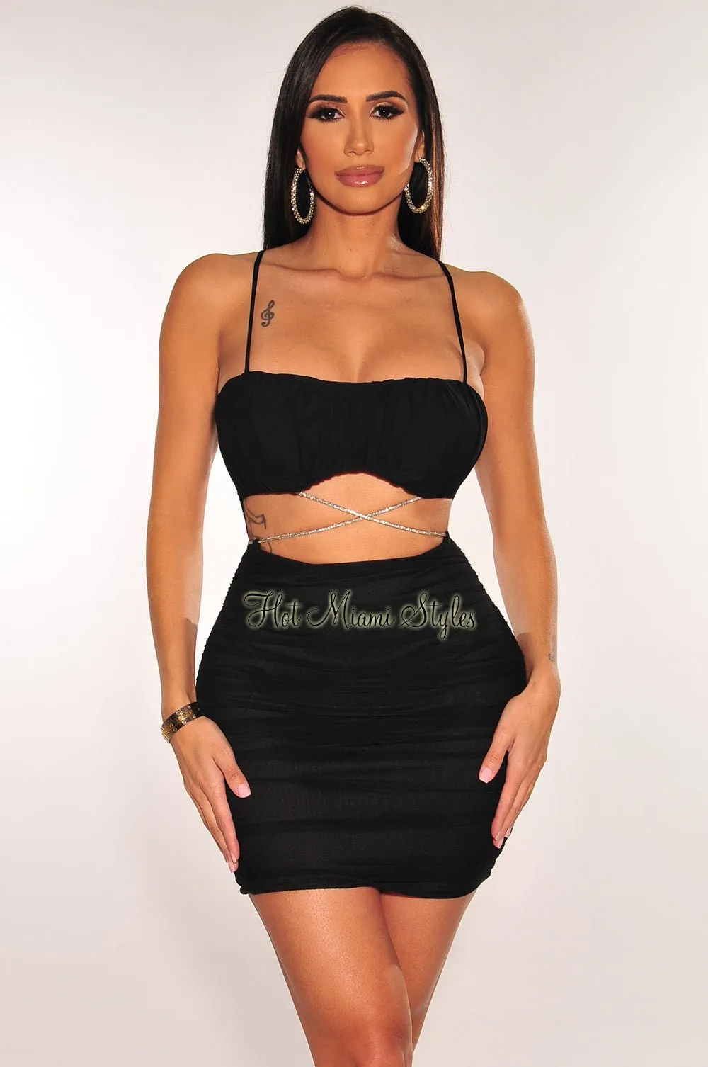 Black Mesh Padded Spaghetti Strap Ruched Cut Out Wrap Around Rhinestone Dress