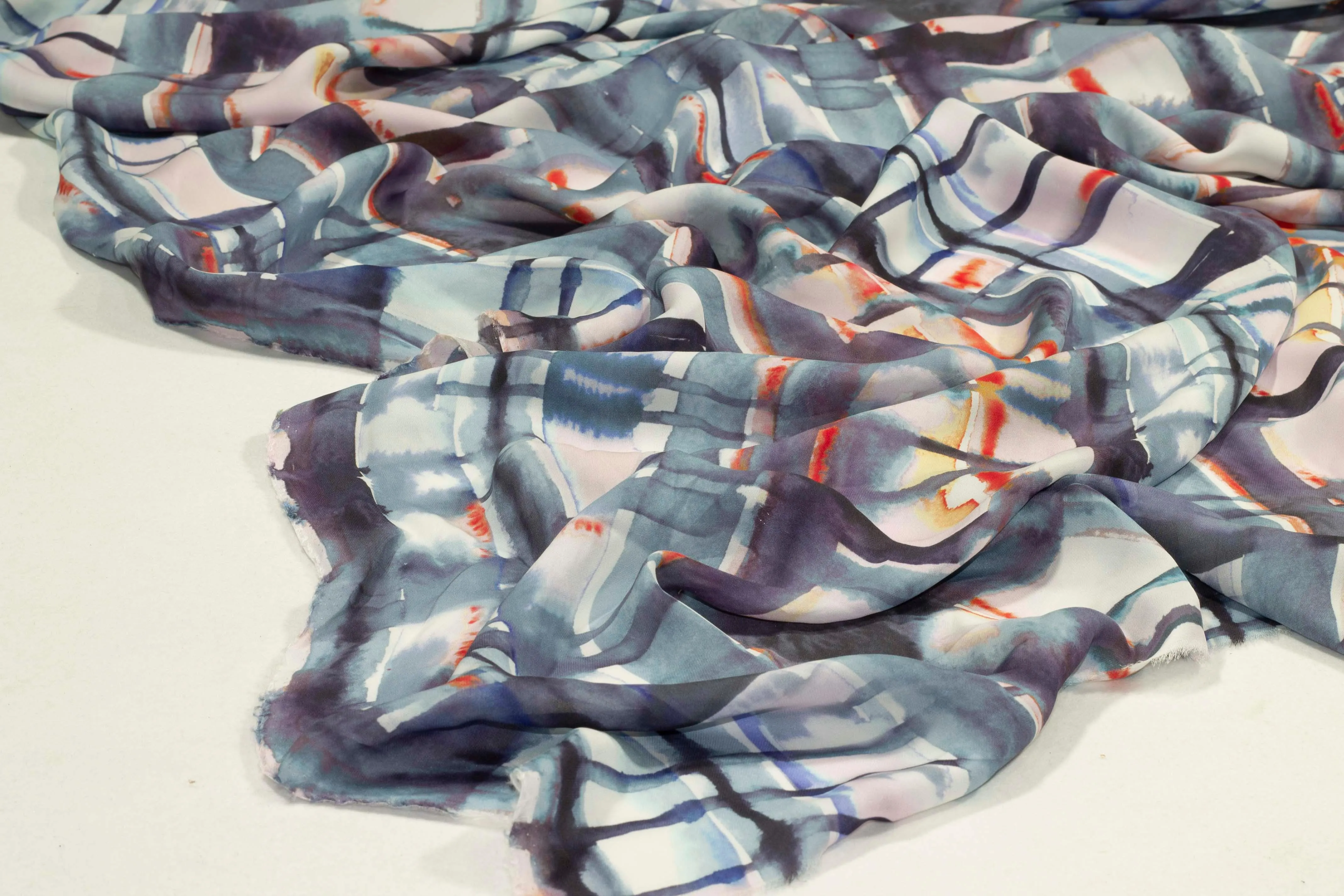 Blue Abstract Silk Crepe De Chine