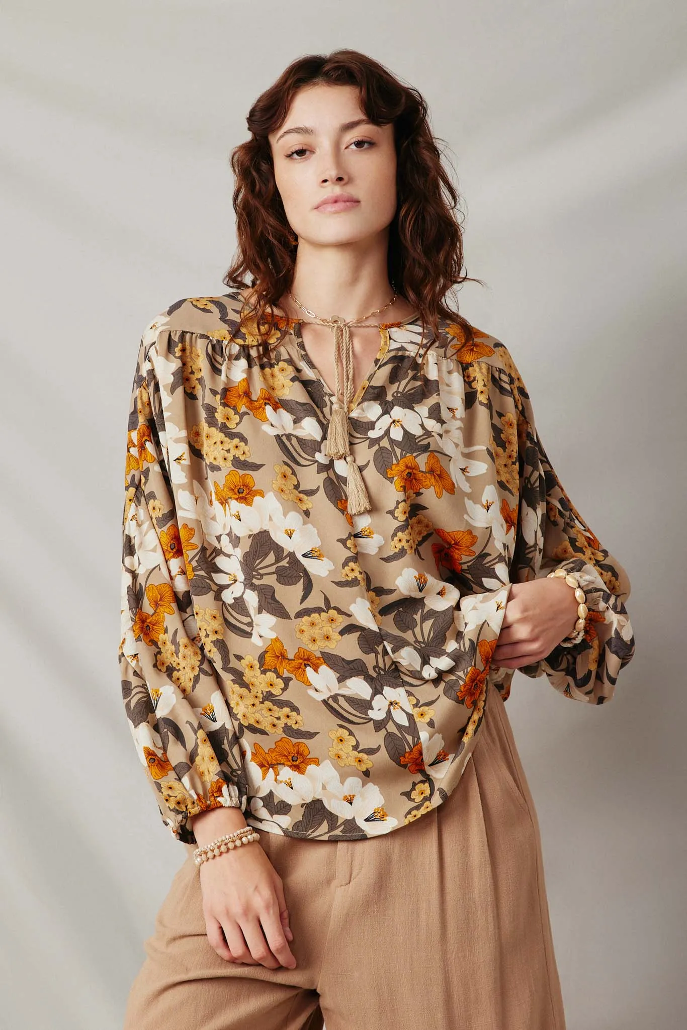 Bold Floral Puff Sleeve Tie Neck Top