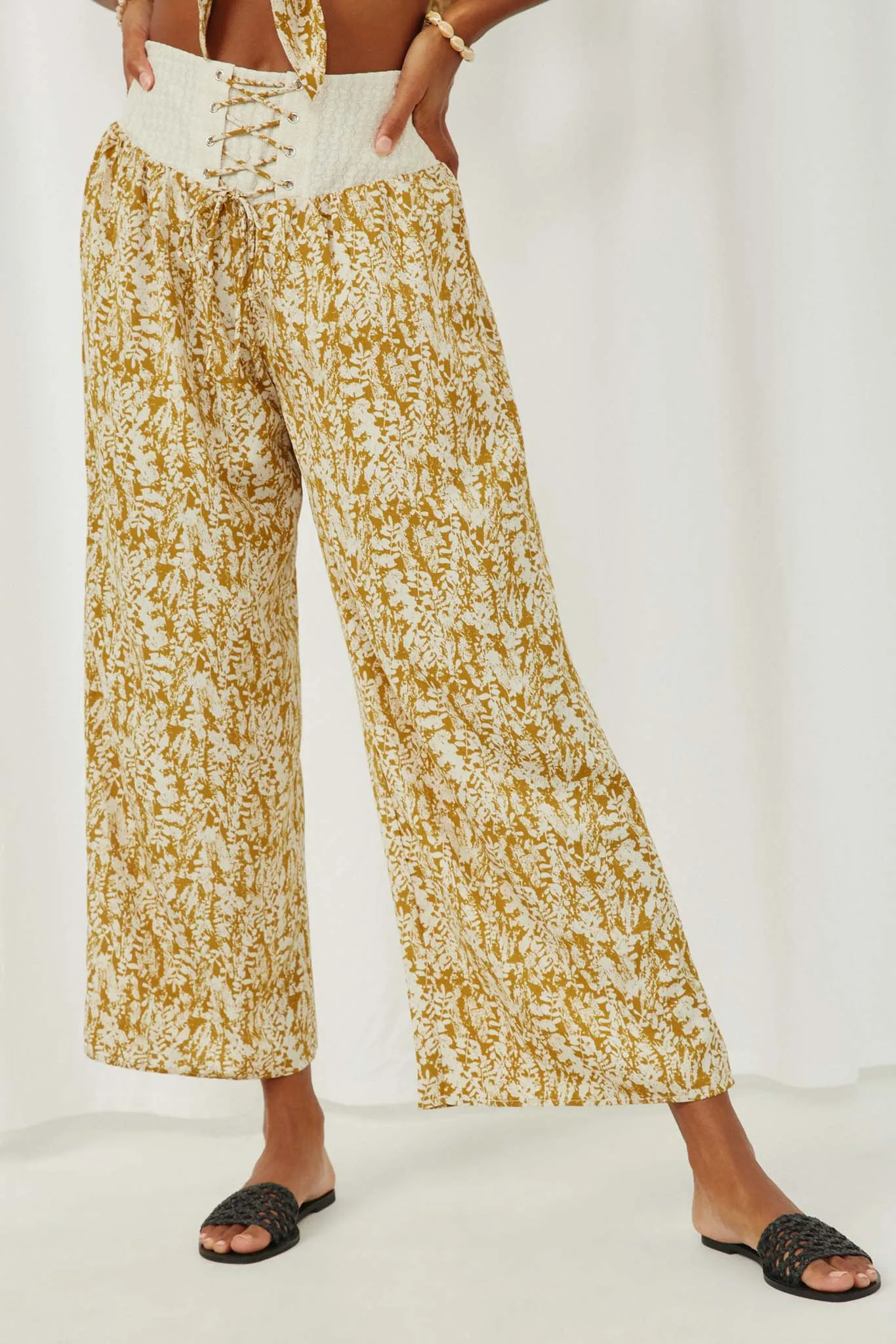 Botanical Lace Up Wideleg Pants