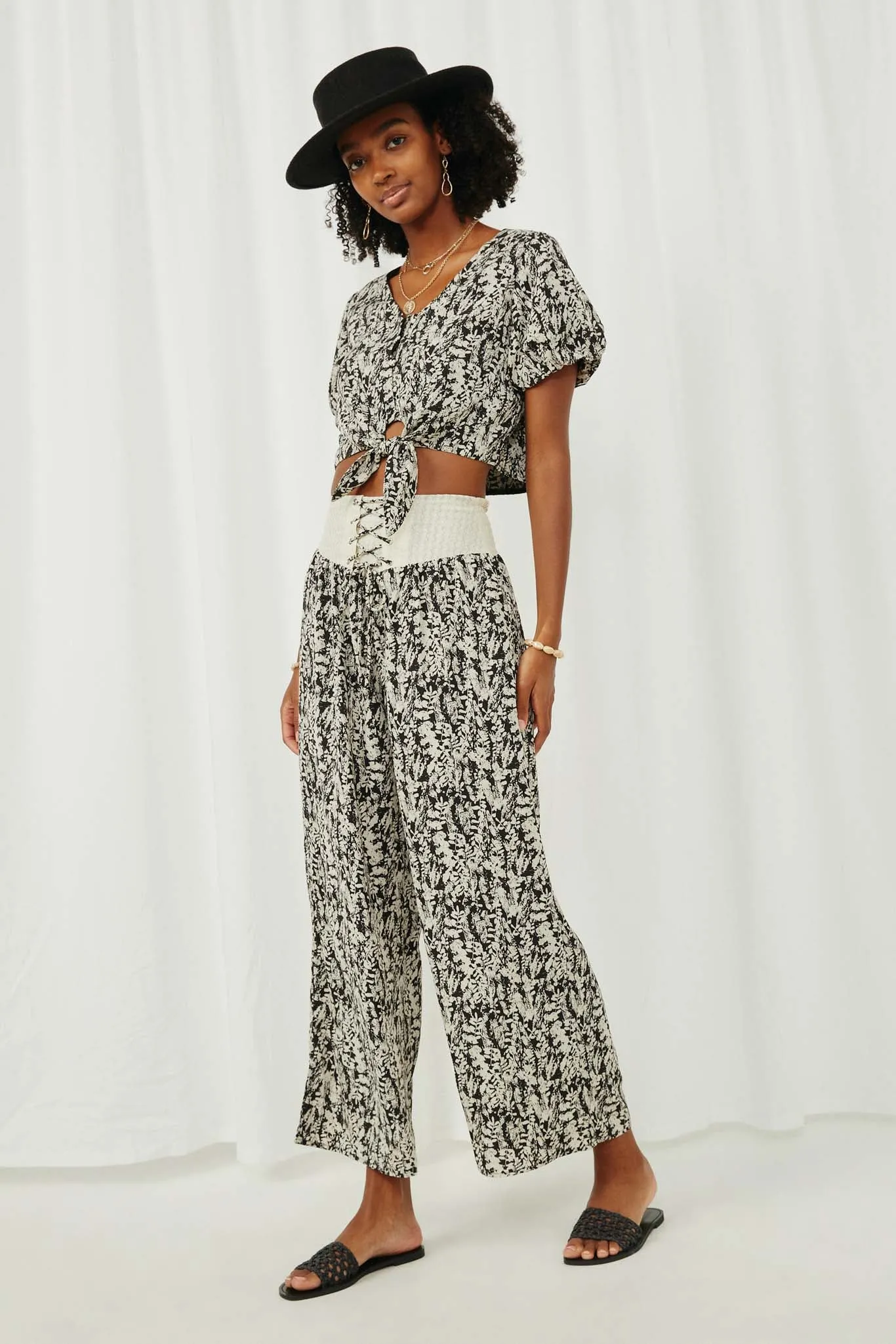 Botanical Lace Up Wideleg Pants