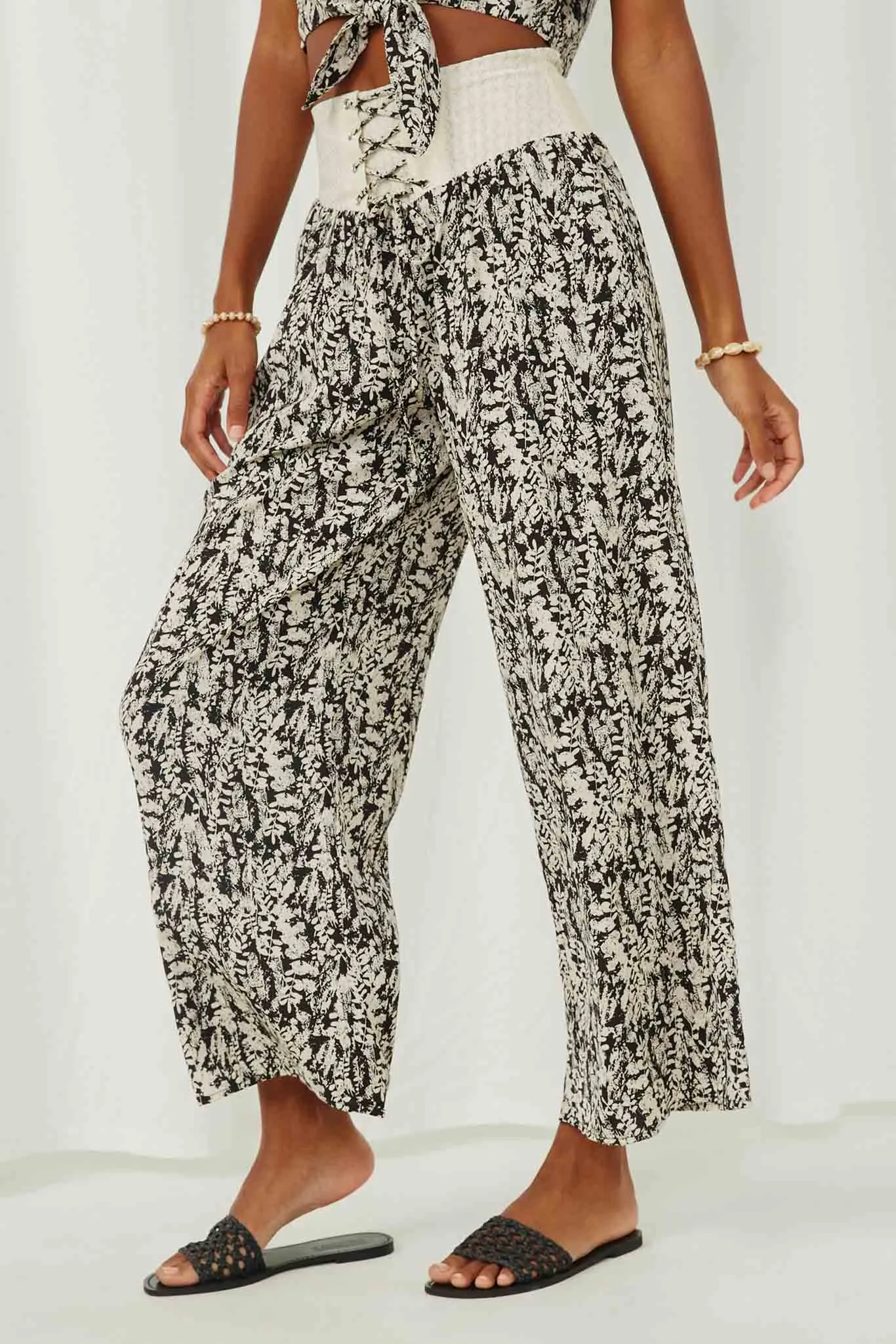 Botanical Lace Up Wideleg Pants