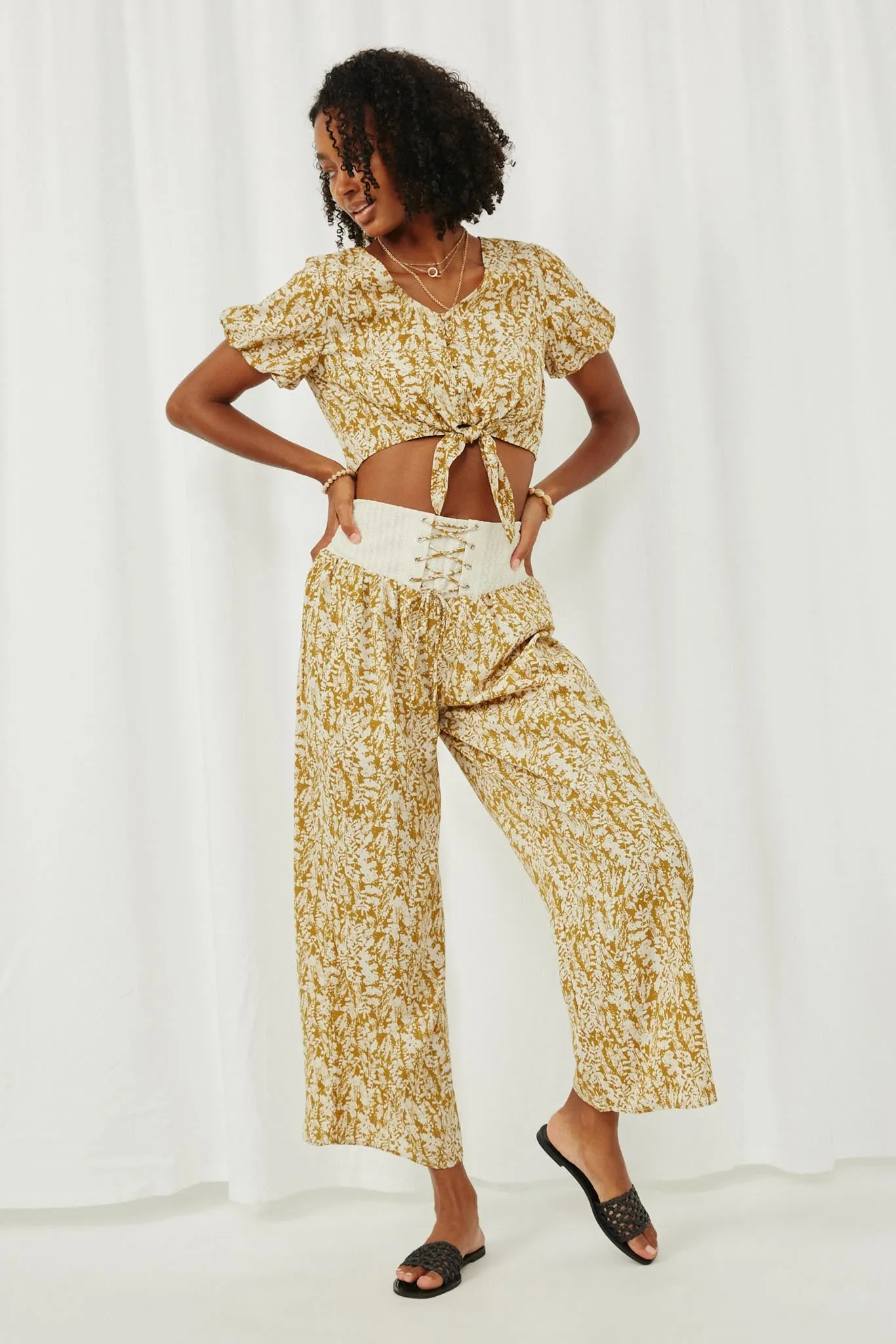 Botanical Lace Up Wideleg Pants