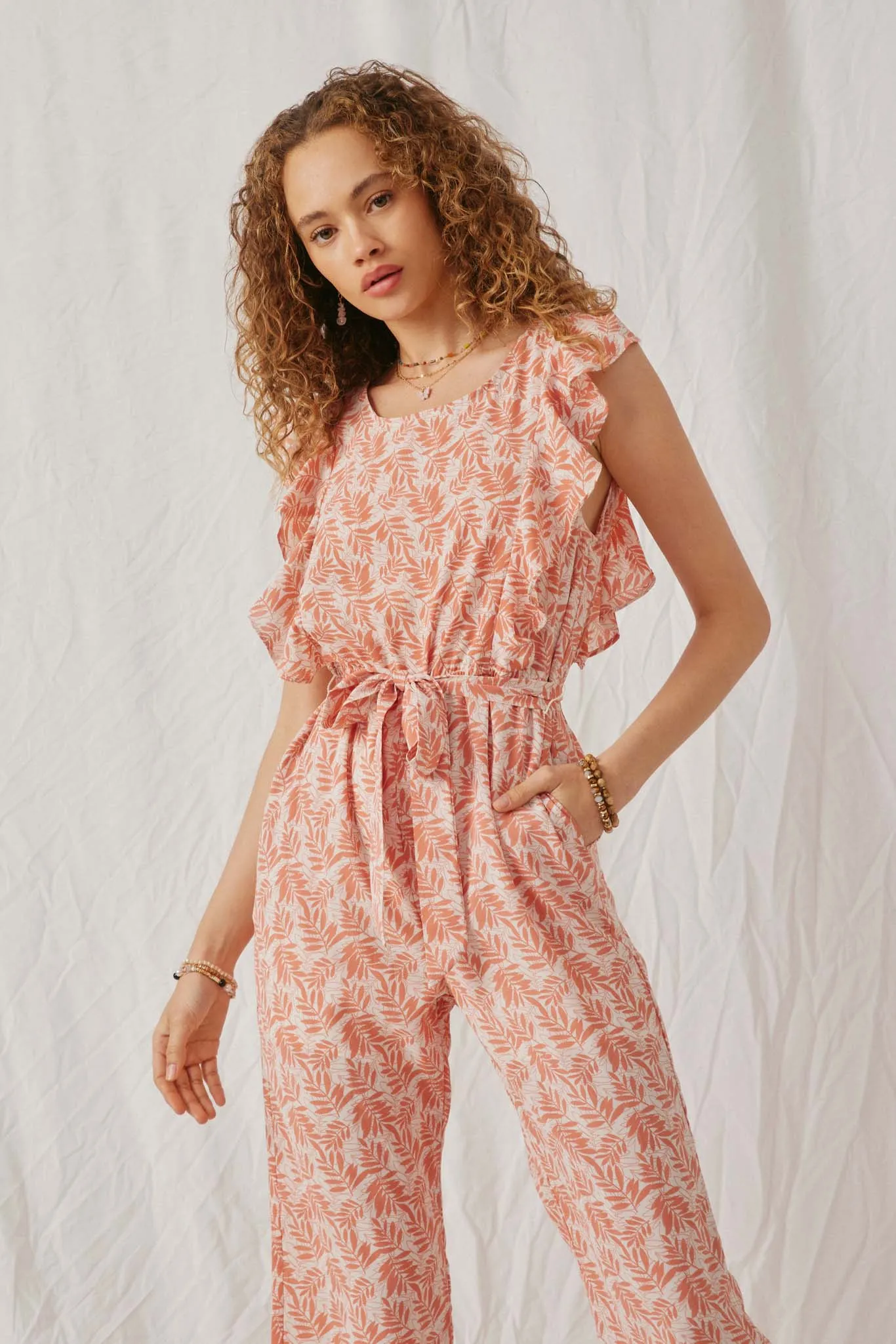 Botanical Print Ruffled Wideleg Jumpsuit