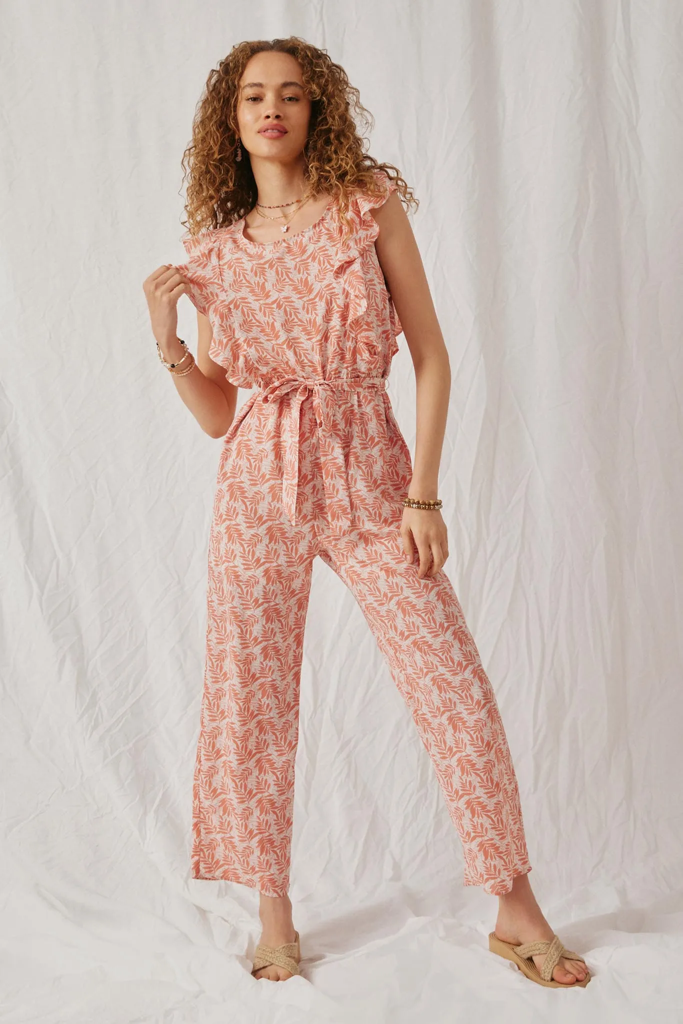 Botanical Print Ruffled Wideleg Jumpsuit