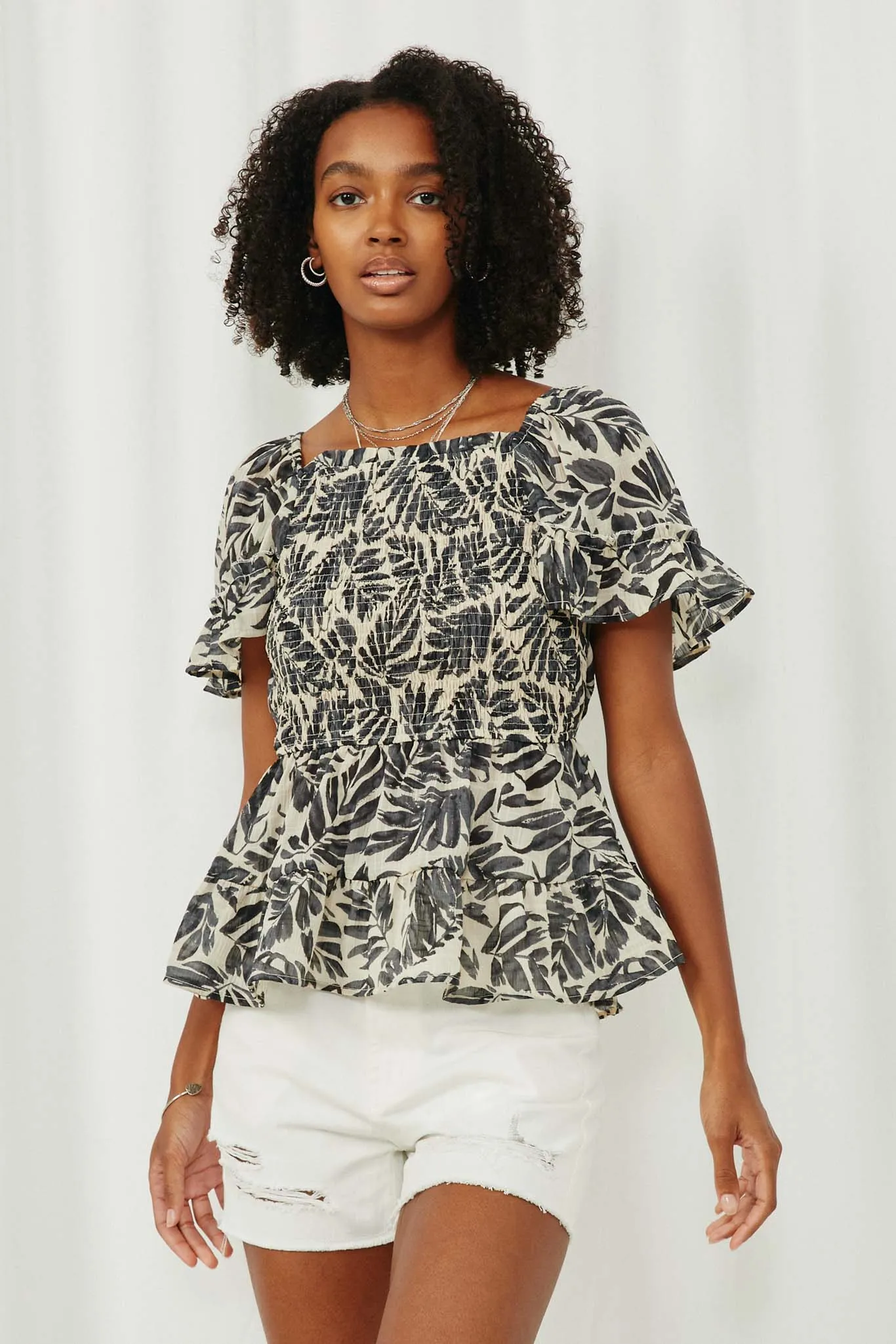 Botanical Print Smocked Square Neck Peplum Top