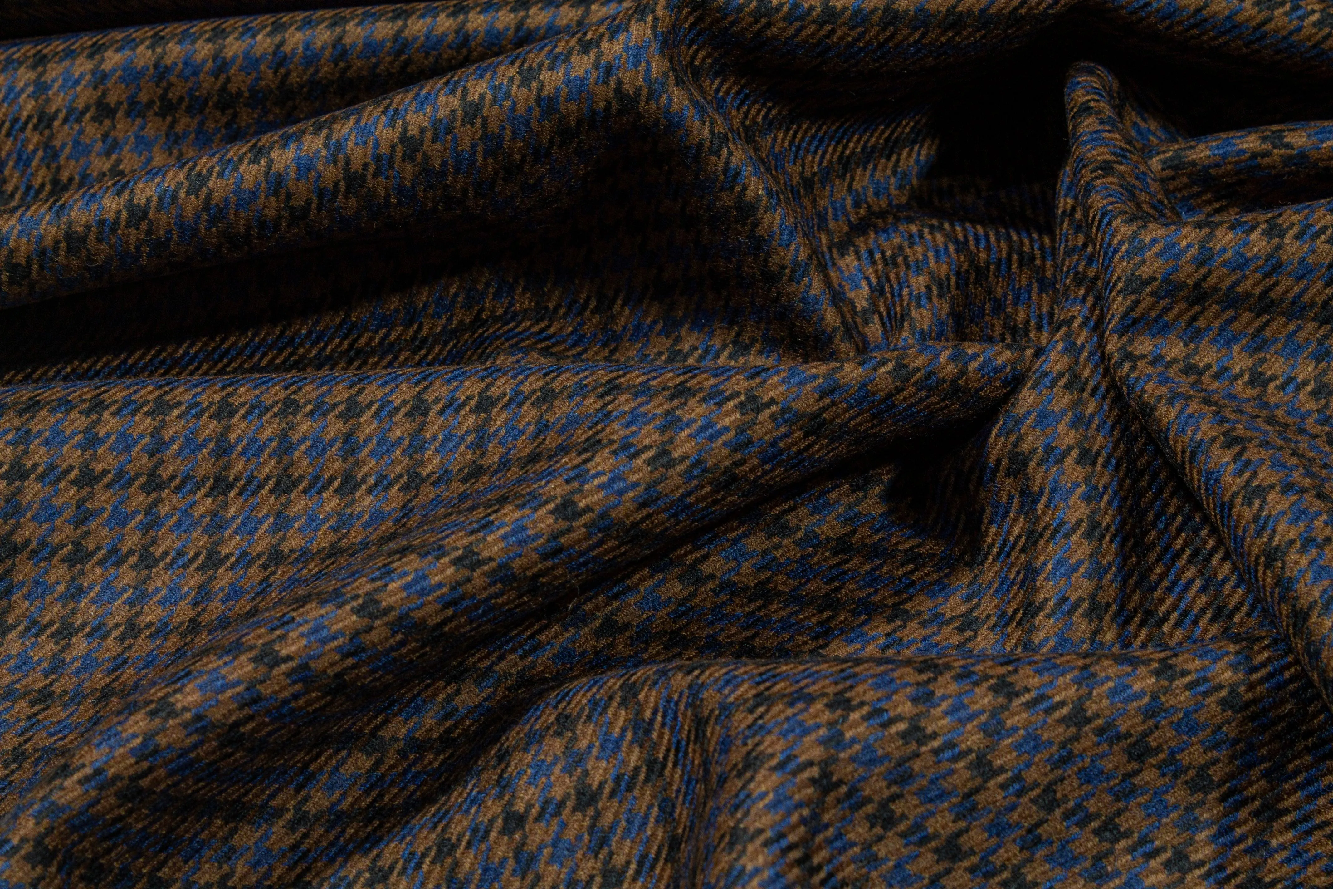 Brown and Blue Houndstooth Wool Suiting