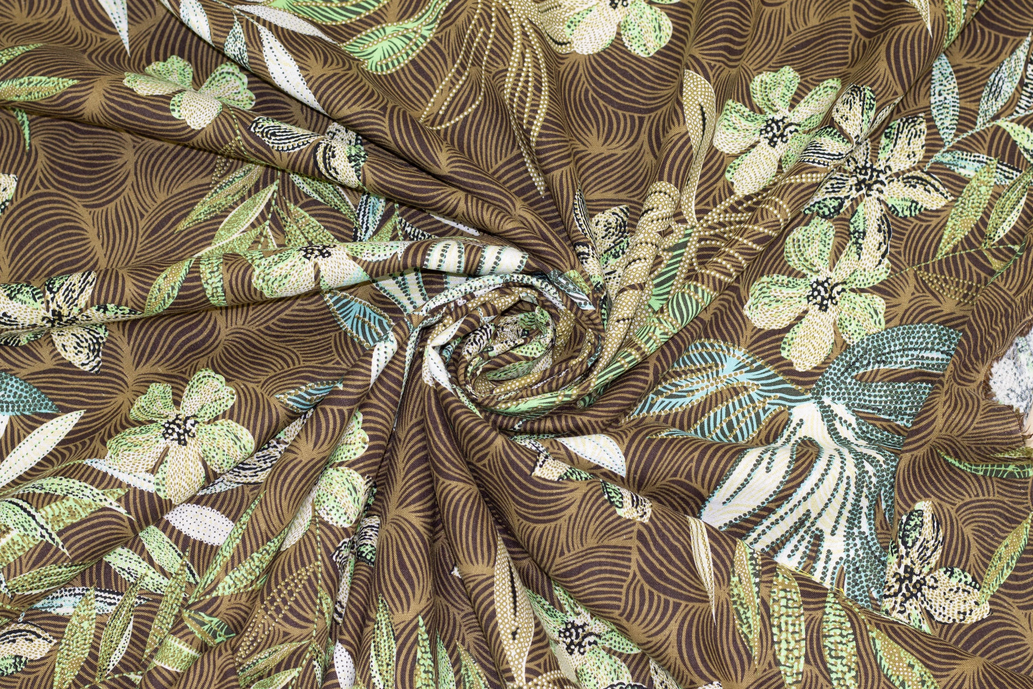 Brown, Green, Beige and Blue Floral Cotton and Linen Blend