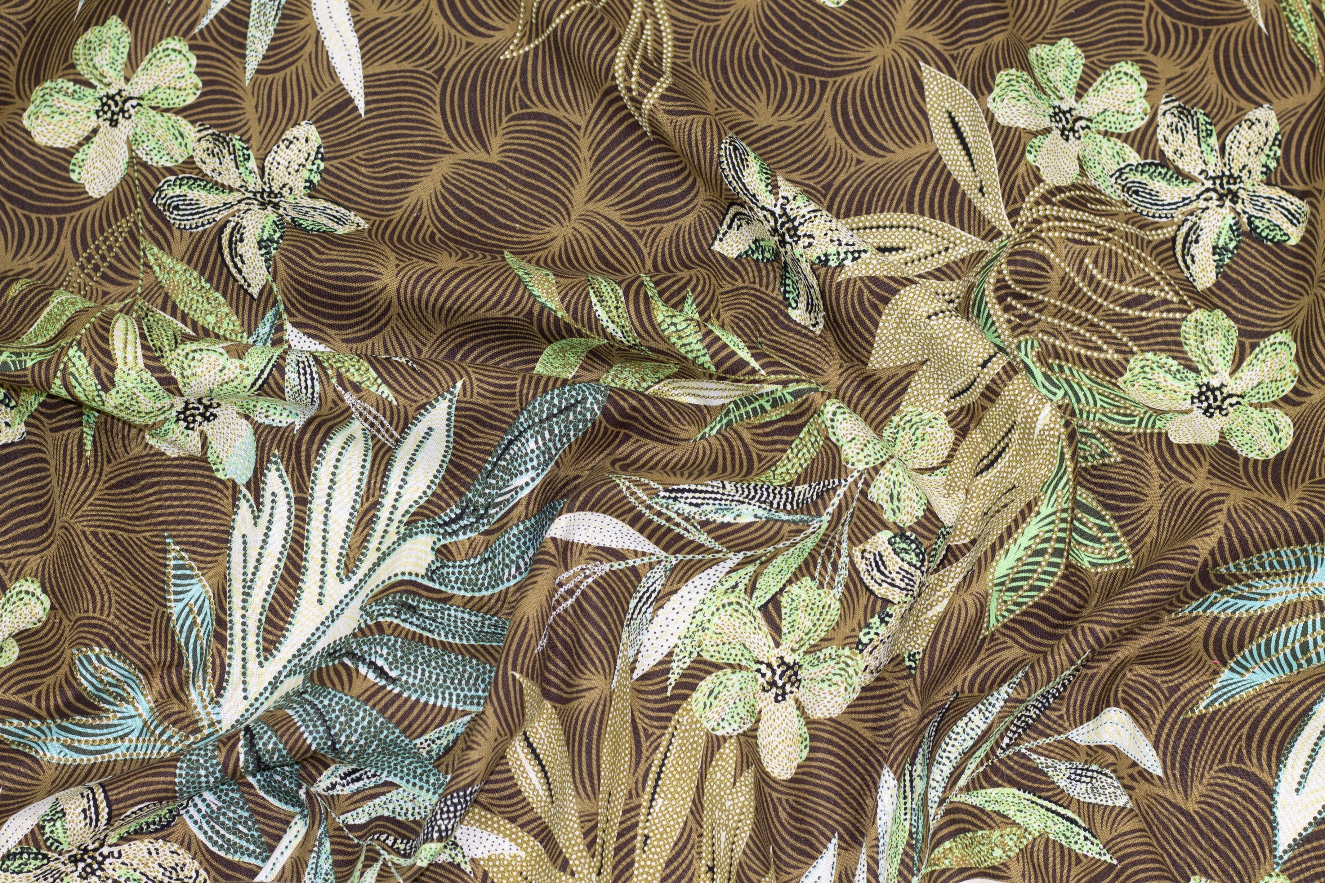 Brown, Green, Beige and Blue Floral Cotton and Linen Blend