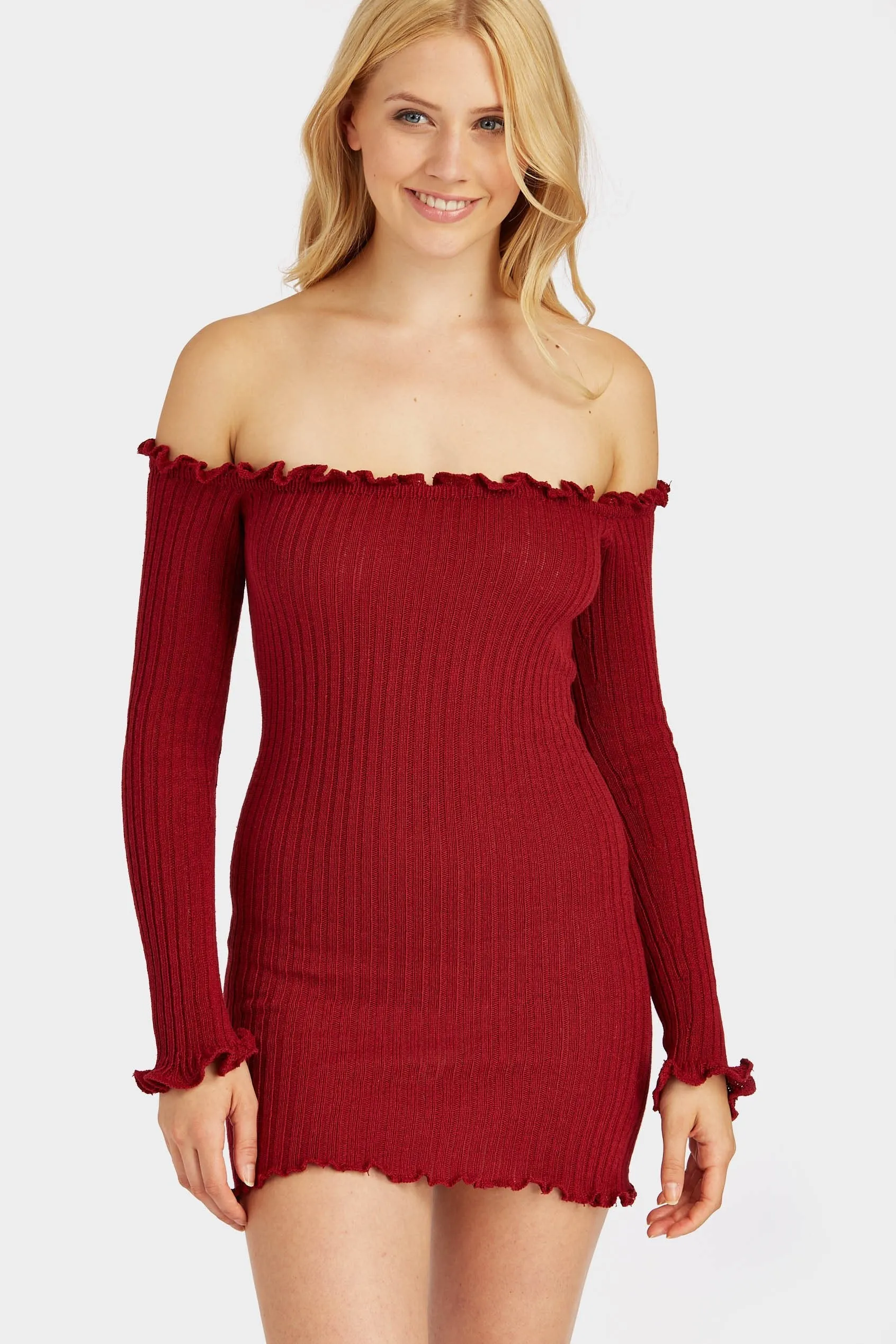 Burgundy Ruffle Top Bodycon Knitwear Dress