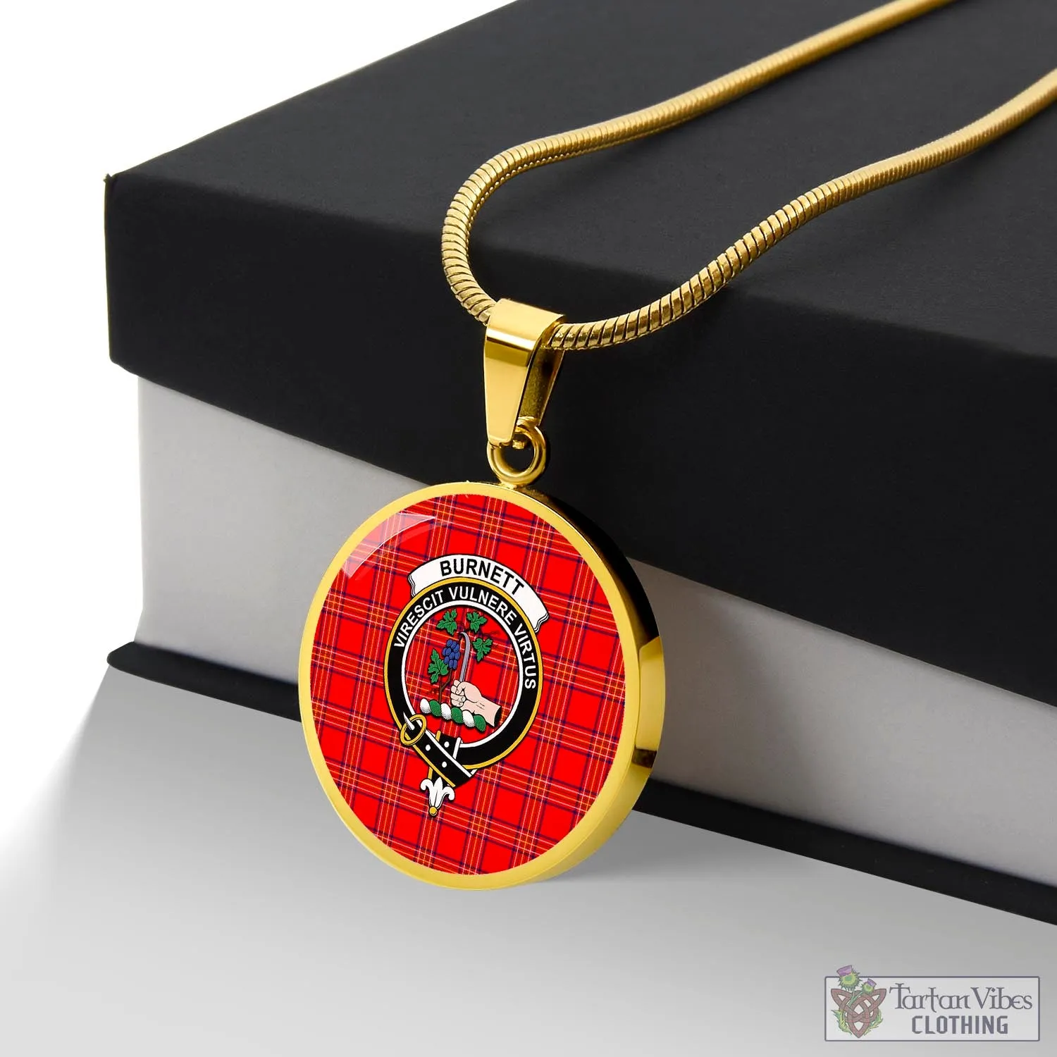 Burnett Modern Tartan Circle Necklace with Family Crest