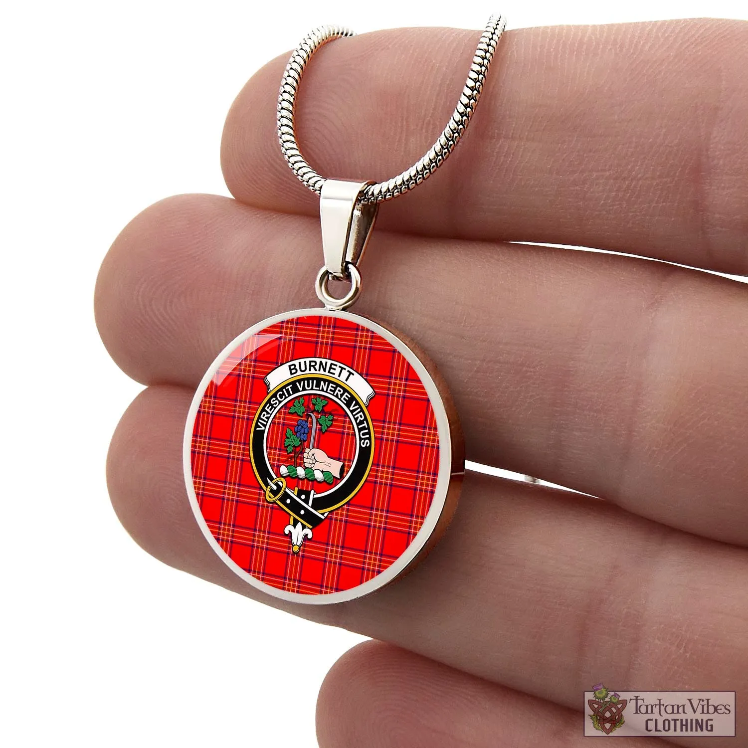 Burnett Modern Tartan Circle Necklace with Family Crest