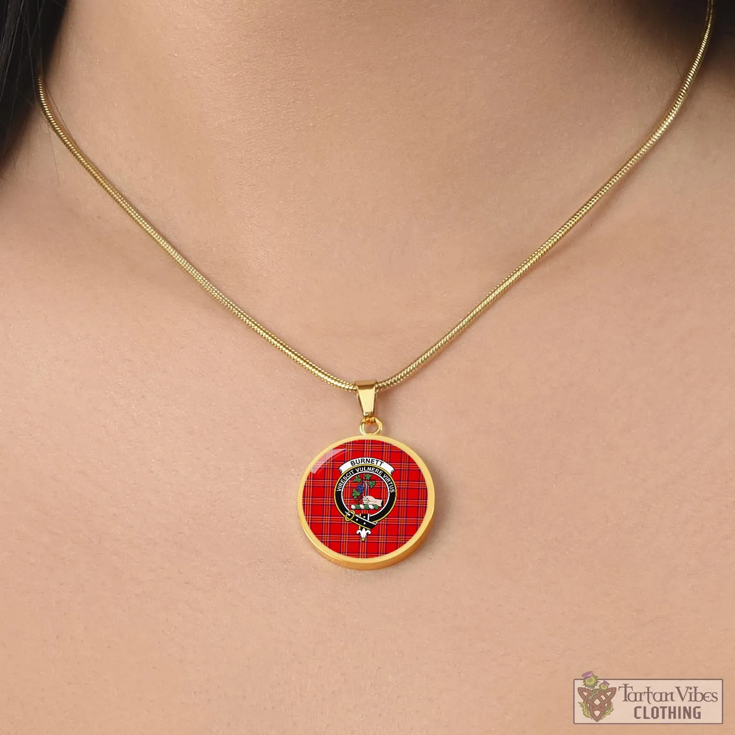 Burnett Modern Tartan Circle Necklace with Family Crest