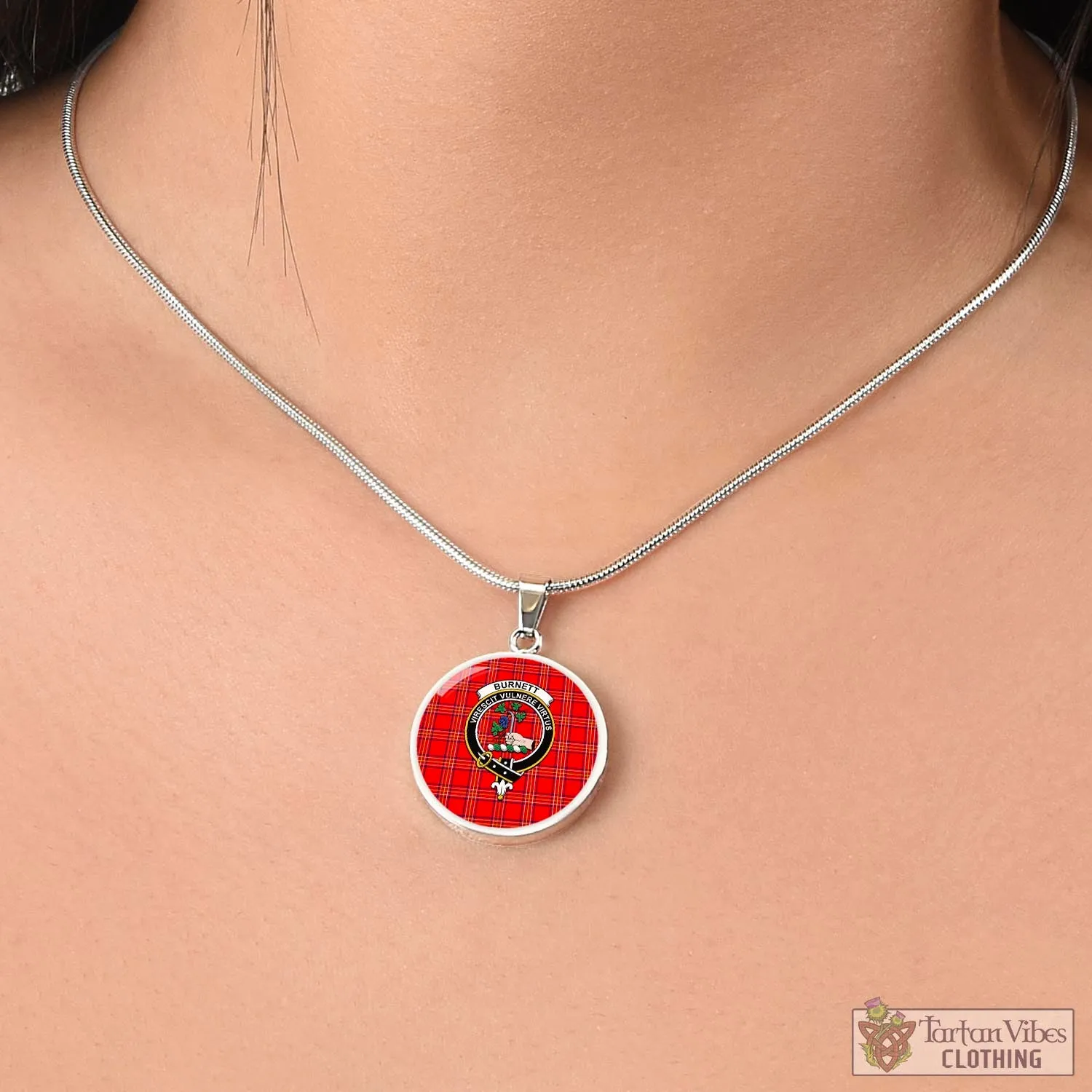 Burnett Modern Tartan Circle Necklace with Family Crest