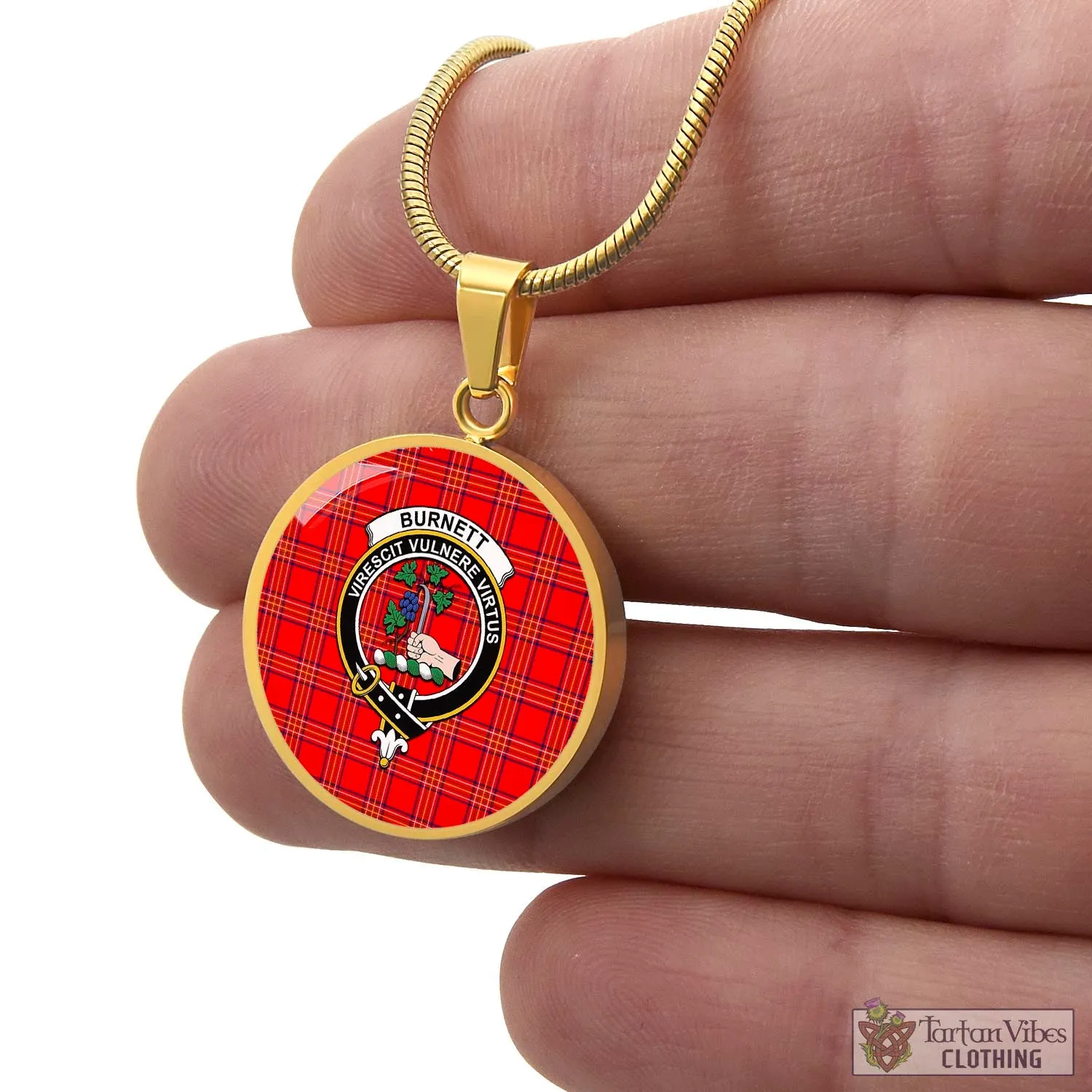 Burnett Modern Tartan Circle Necklace with Family Crest