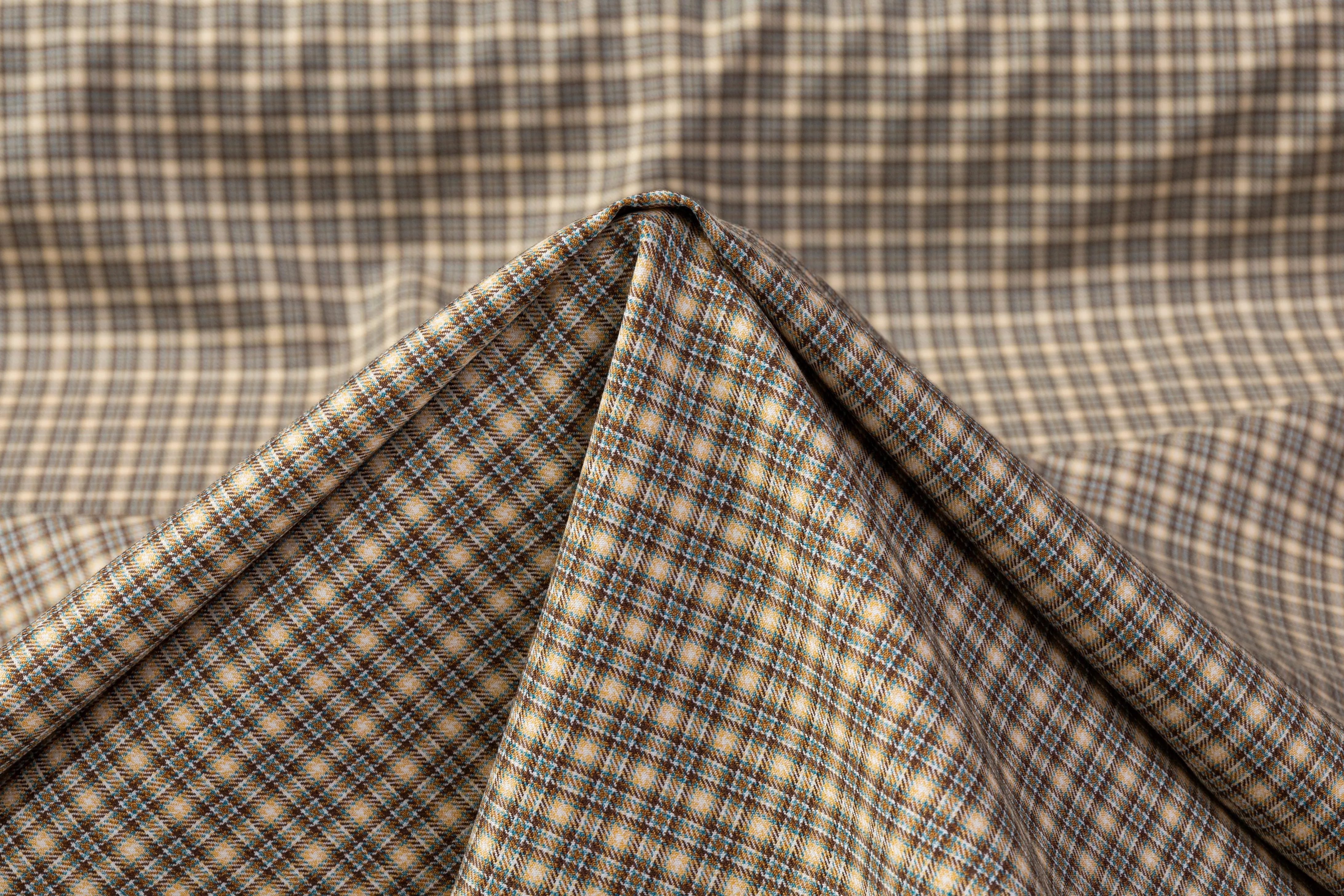 Checked Italian Wool Suiting - Tan / Blue / Brown