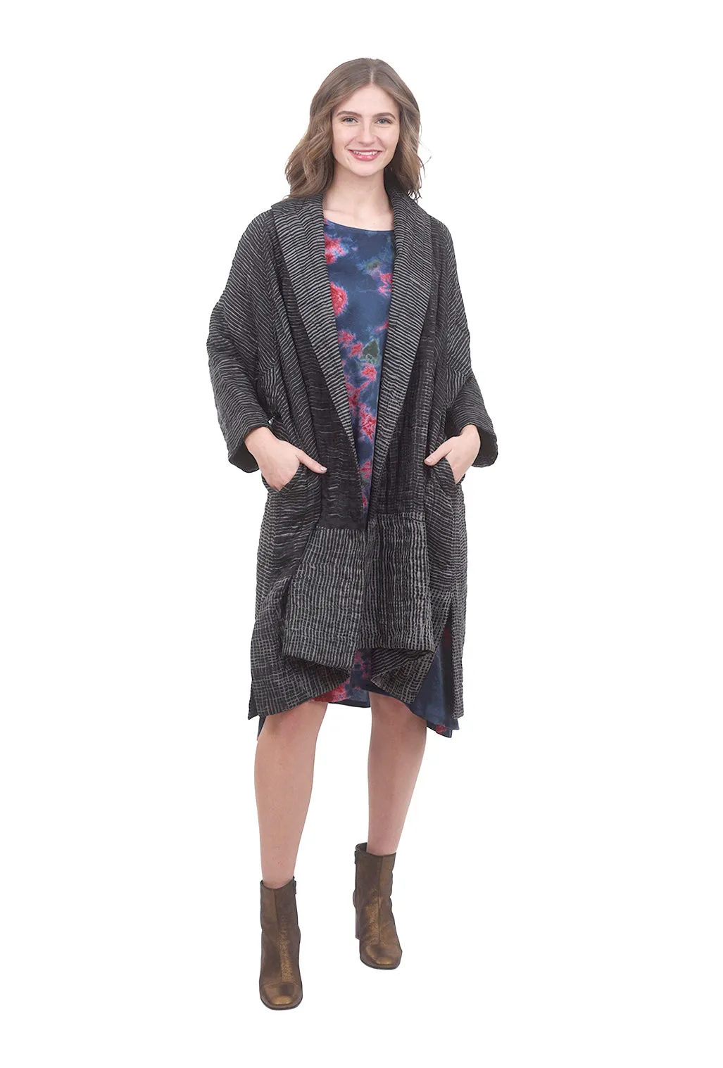 Cocoon Shibori Coat, Charcoal Gray