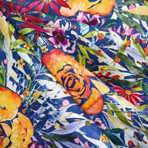 Coming Up Roses Large Garden Floral Digital Print Cotton Blue/Multi