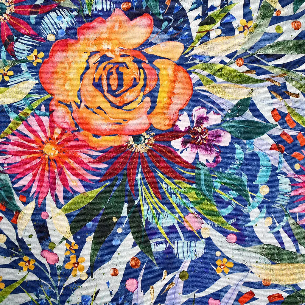 Coming Up Roses Large Garden Floral Digital Print Cotton Blue/Multi