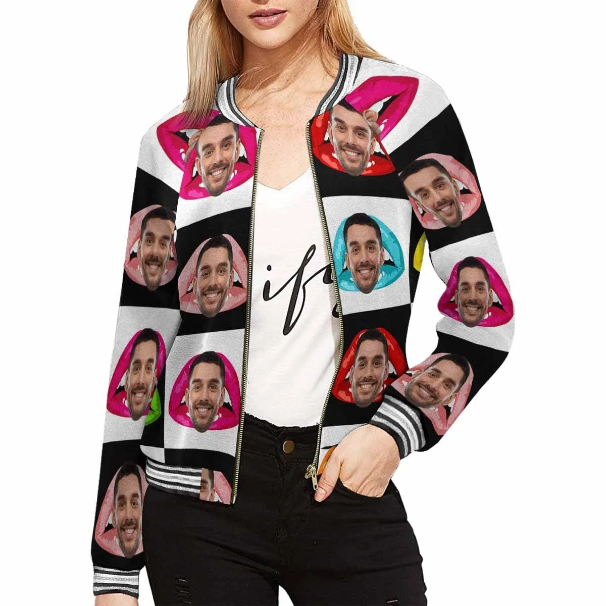 Custom Boyfriend Face Lips Lattice Women's Casual Jacket