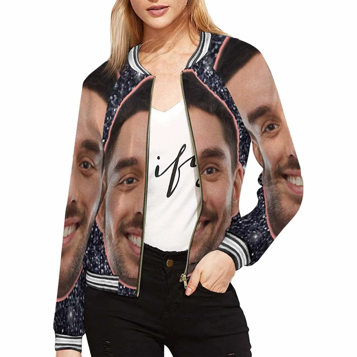 Custom Boyfriend Face Shiny Black Women's Casual Jacket