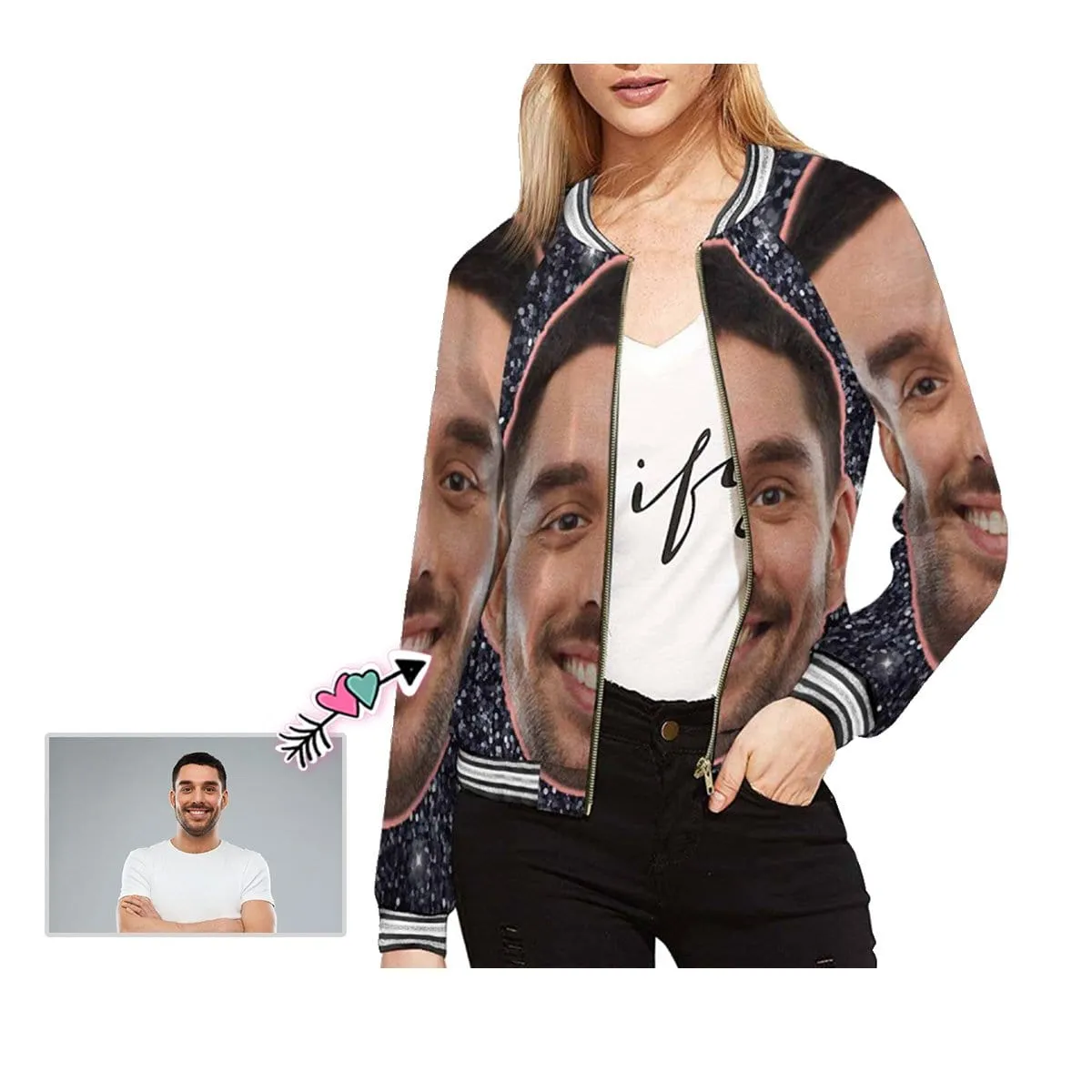 Custom Boyfriend Face Shiny Black Women's Casual Jacket