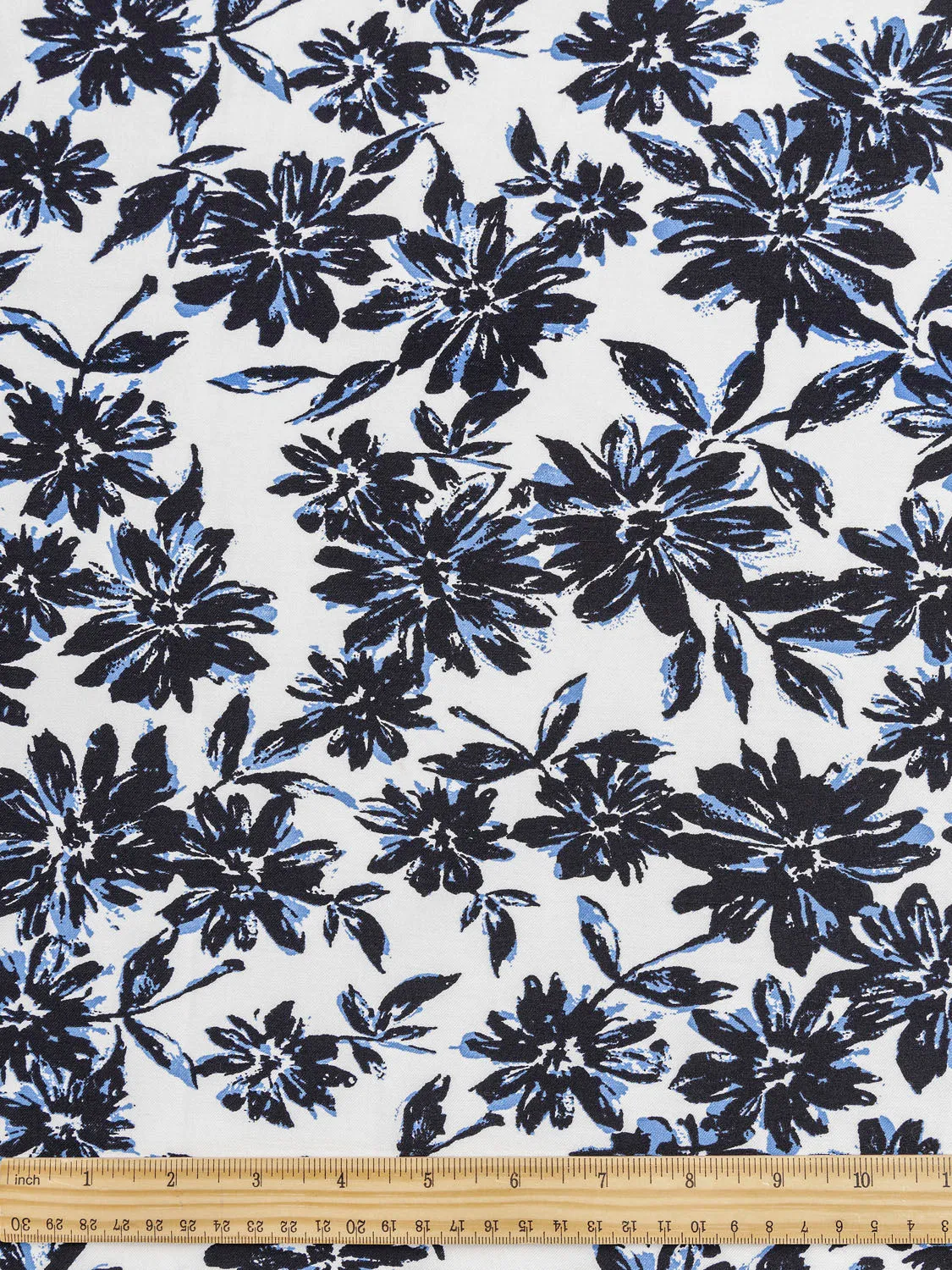 Daisy Print Stretch Viscose Twill Deadstock - Black   Blue   White