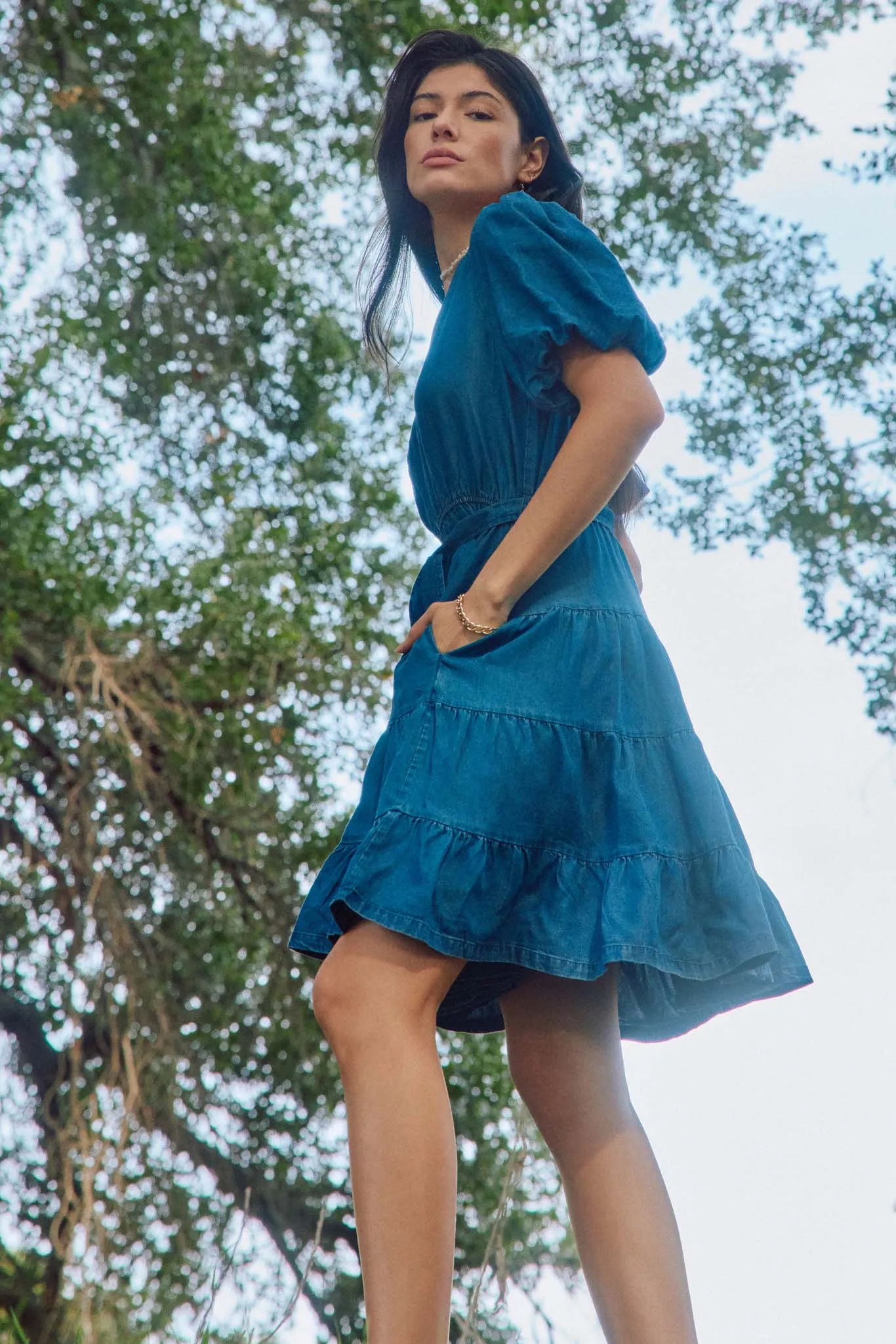 Denim Washed Belted V Neck Dress