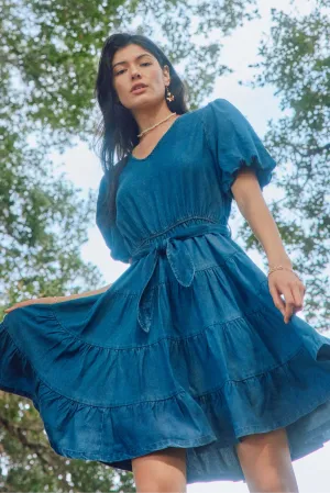 Denim Washed Belted V Neck Dress