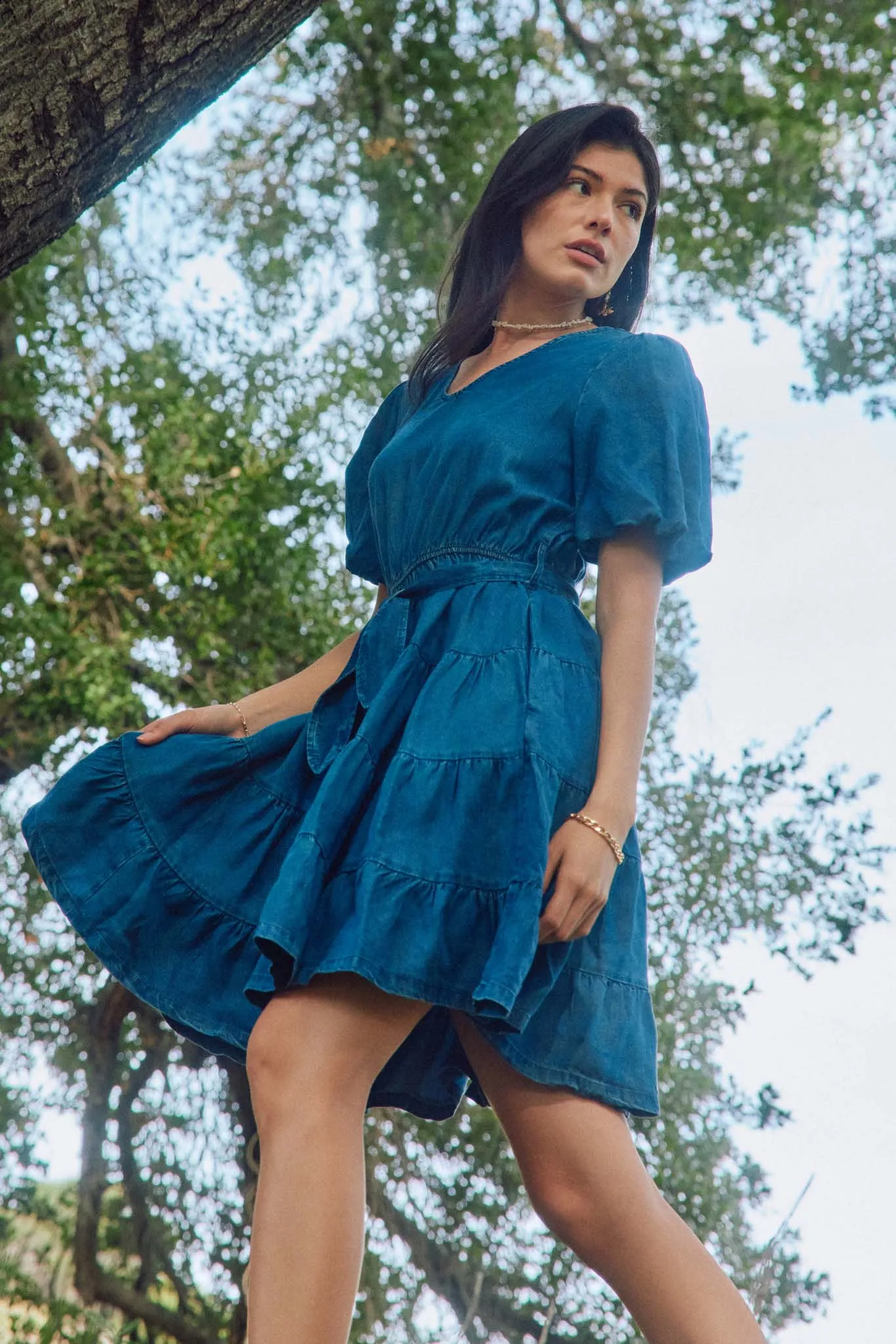 Denim Washed Belted V Neck Dress