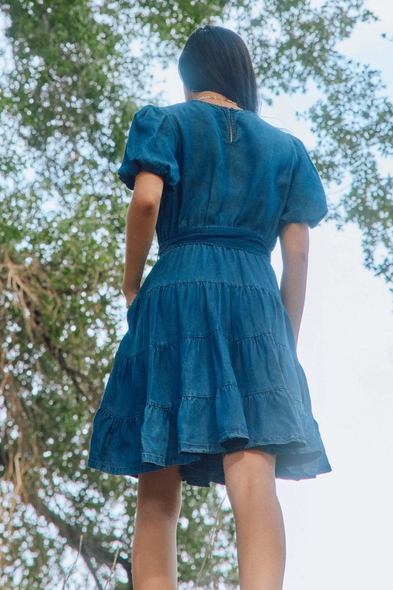 Denim Washed Belted V Neck Dress