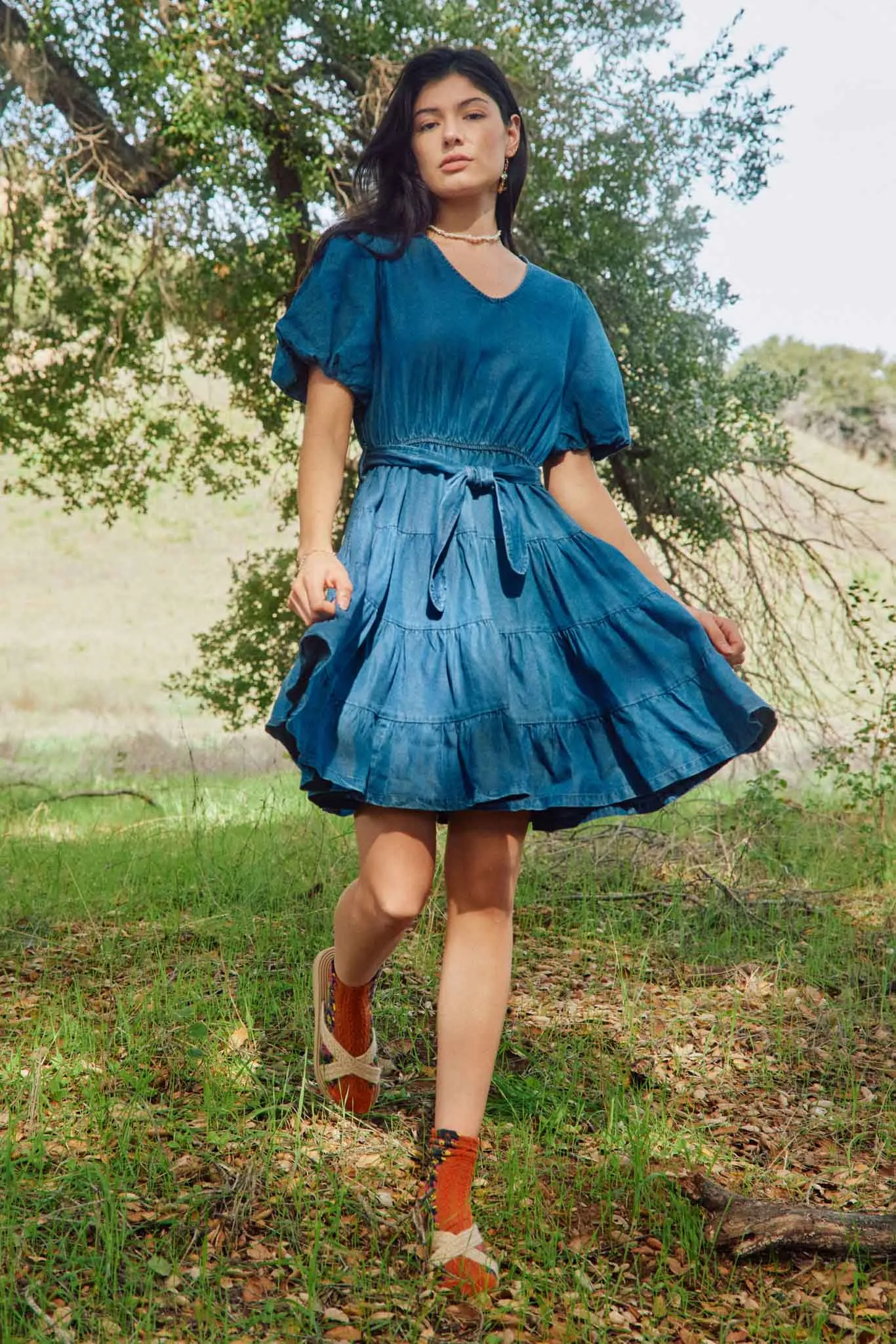 Denim Washed Belted V Neck Dress