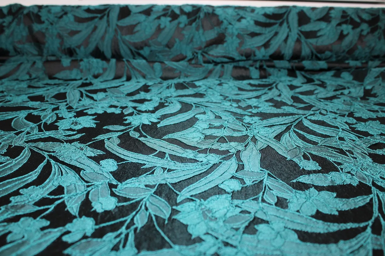 Dimensional Floral Brocade - Teal on Black