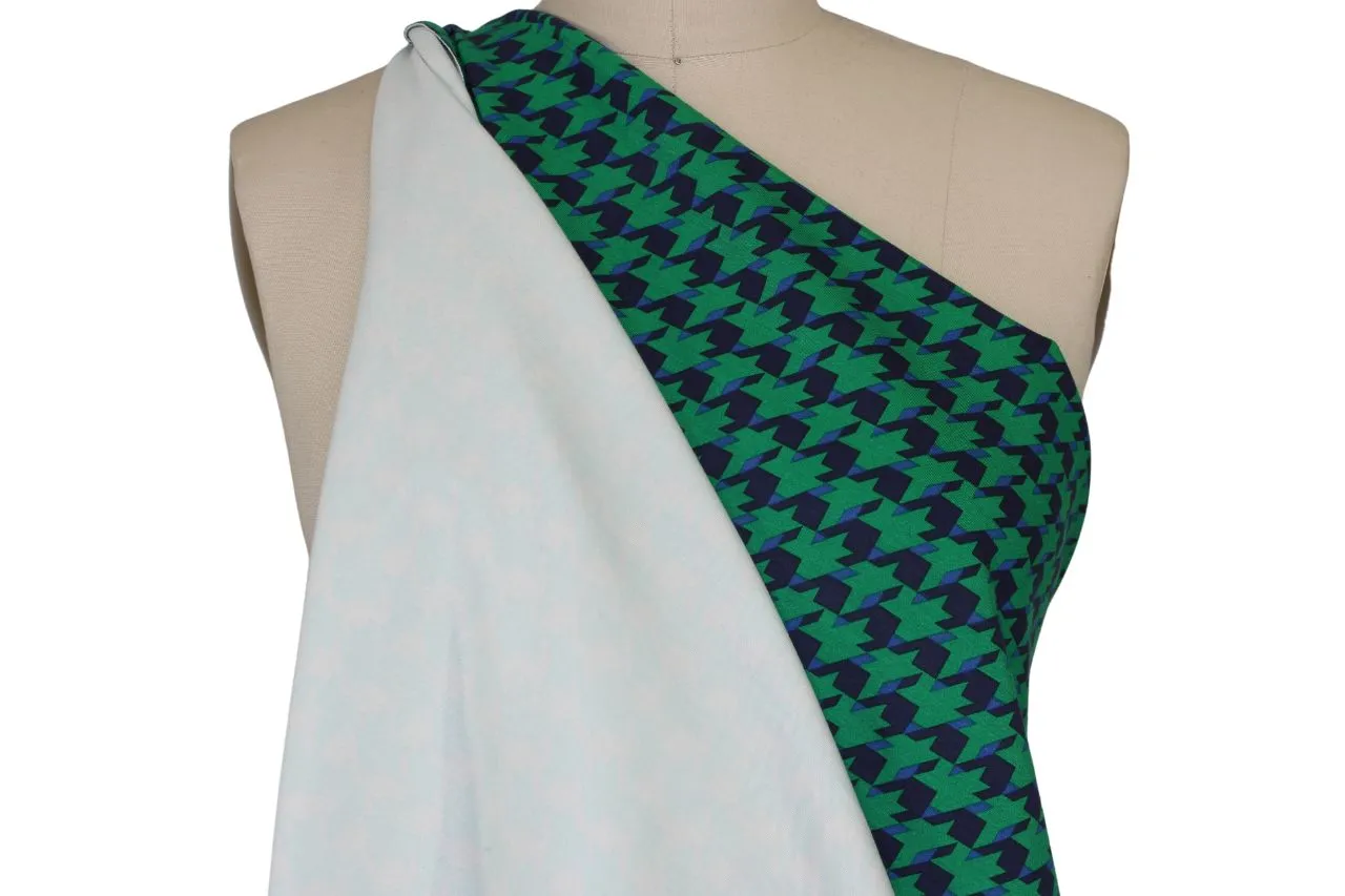 Double Sided Houndstooth/Solid Rayon Double Knit - Green/Blue/White