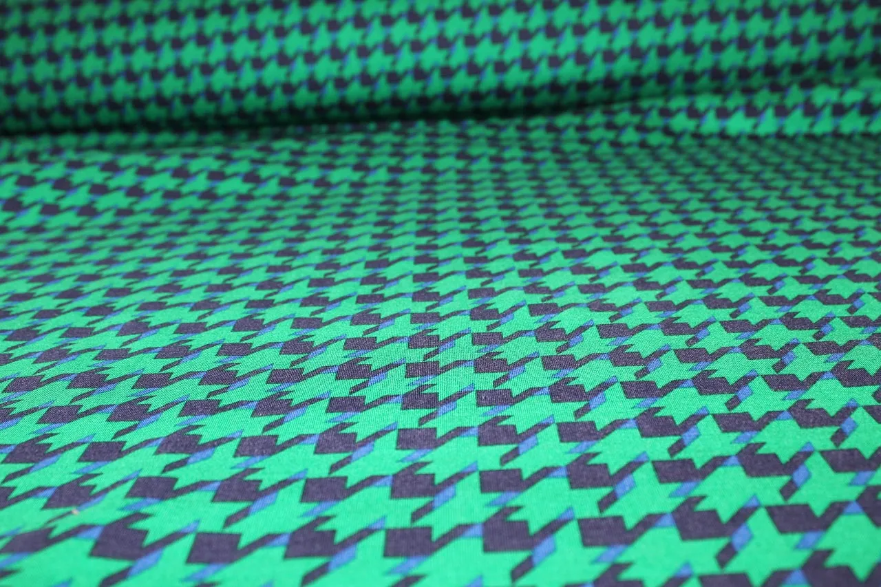 Double Sided Houndstooth/Solid Rayon Double Knit - Green/Blue/White